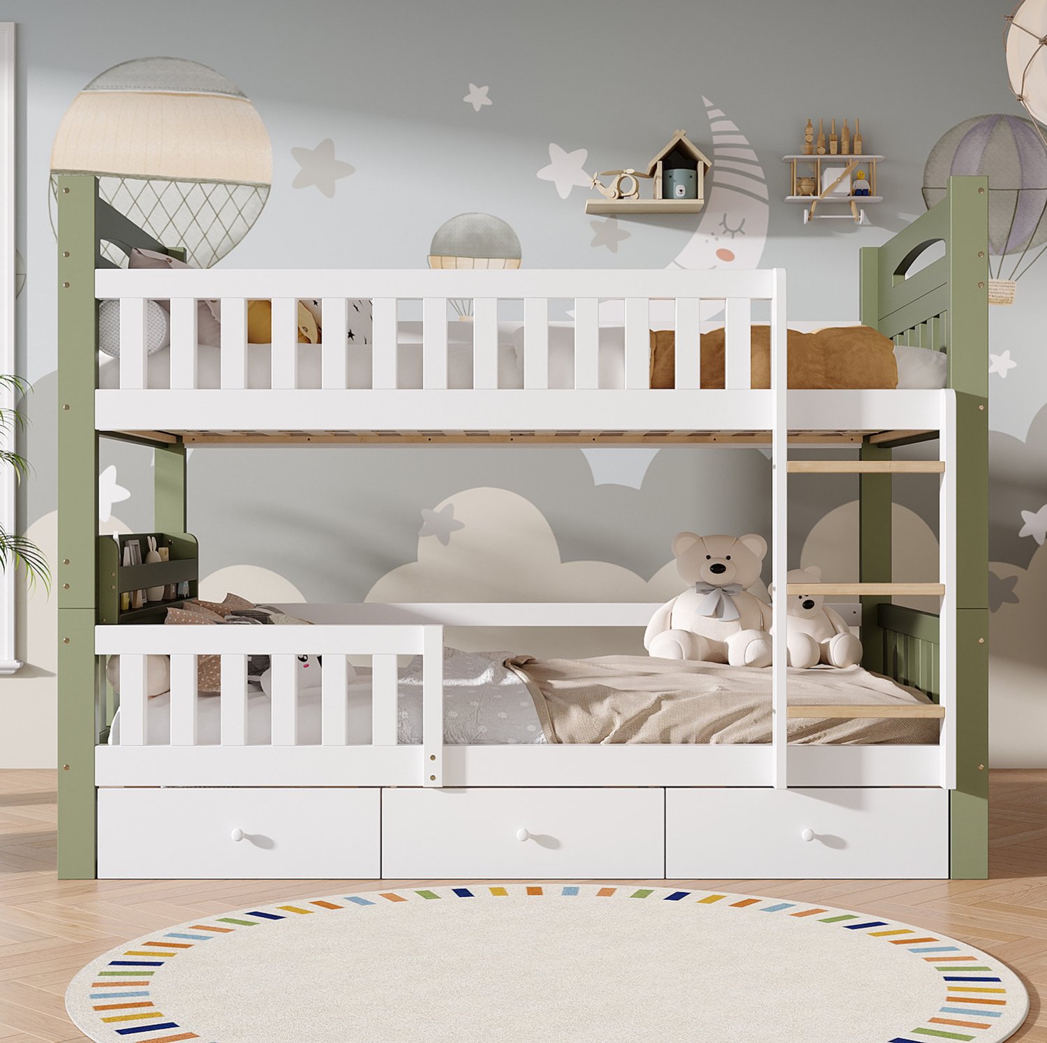 MODFU Stapelbed - Ladder - Uitvalbeveiliging - 3 Laden - Hout En MDF - Wit En Groen - 90 X 200 Cm