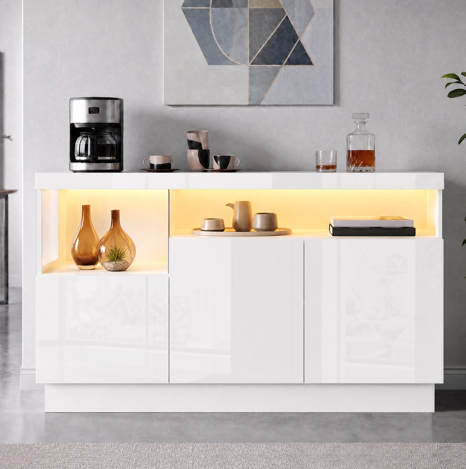 Maisentiel Wit dressoir met 3 deuren, acryl displayvak en appgestuurde LED – 140 x 36 x 80 cm