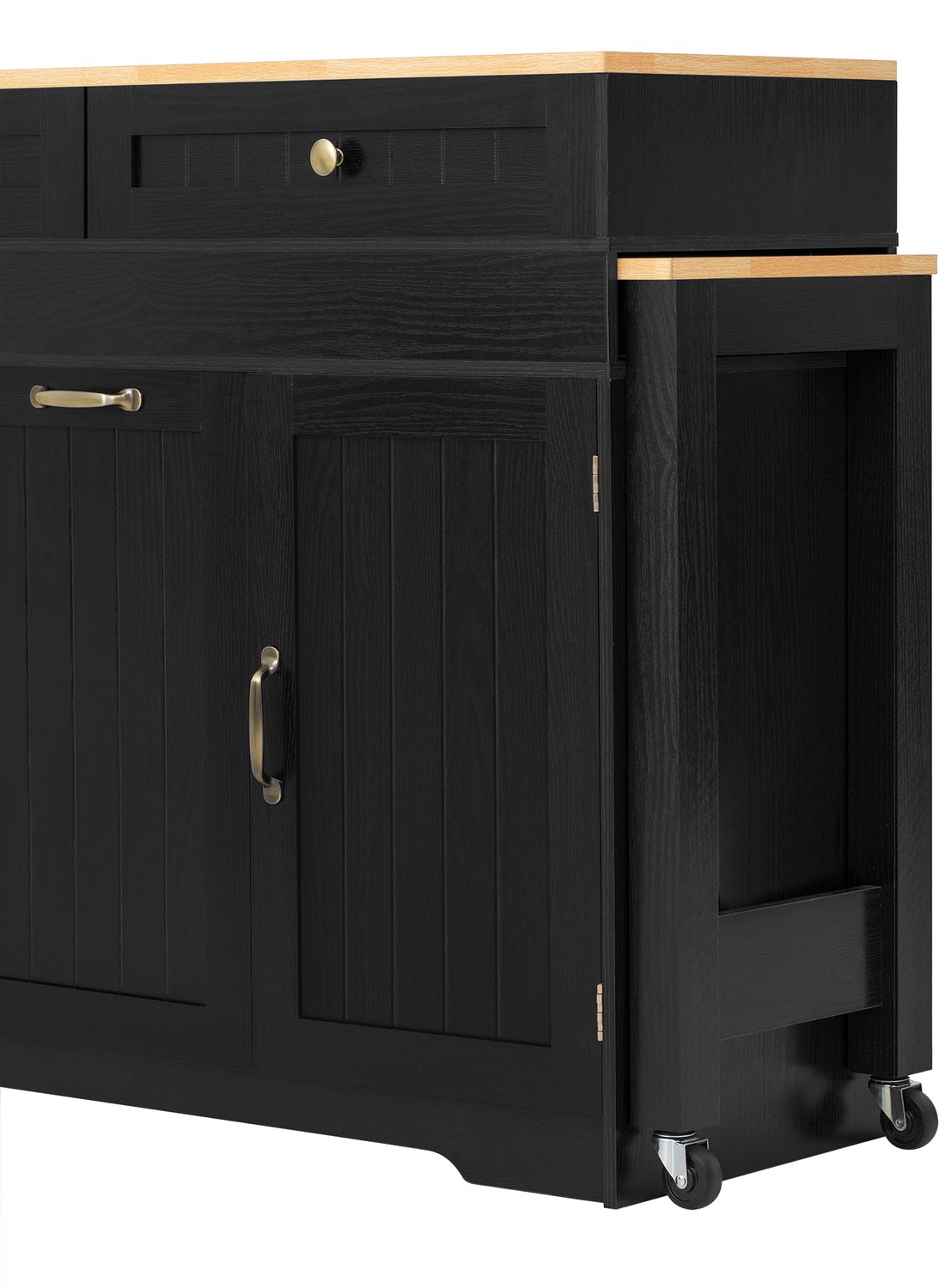 MUVANO Keukeneiland met uitschuifbare eettafel - Twee lades en opbergvakken - MDF met werkblad in houtlook - 188,6 cm lang - Voor de keuken - Zwart