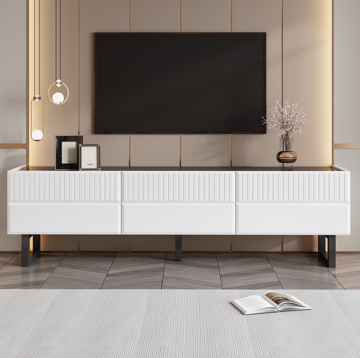 Maisentiel Tv-meubel met 3 lades en ijzeren poten - zwart-wit - 170 x 35 x 47 cm