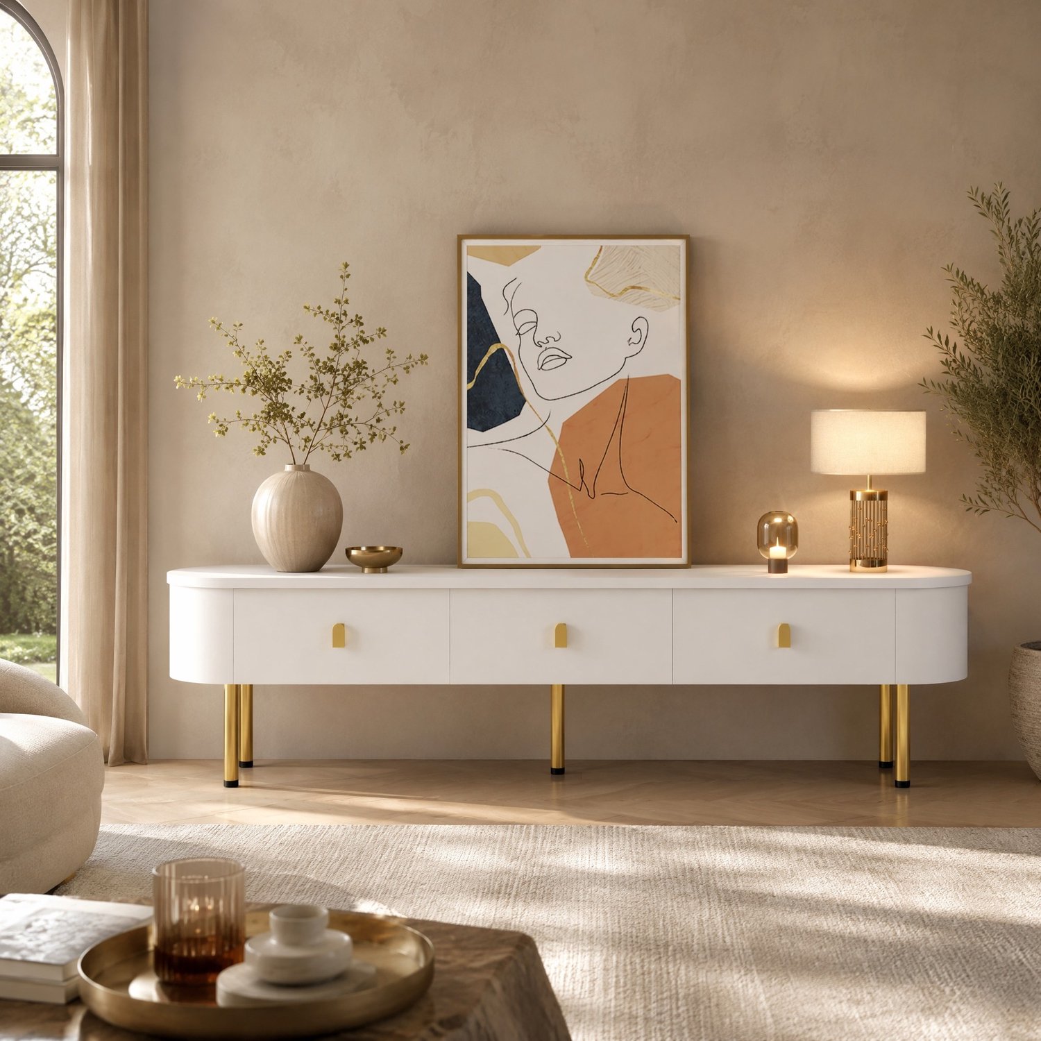 Maisentiel Tv-meubel met 3 laden – wit MDF, goudkleurige details, 174 cm Wit en goud