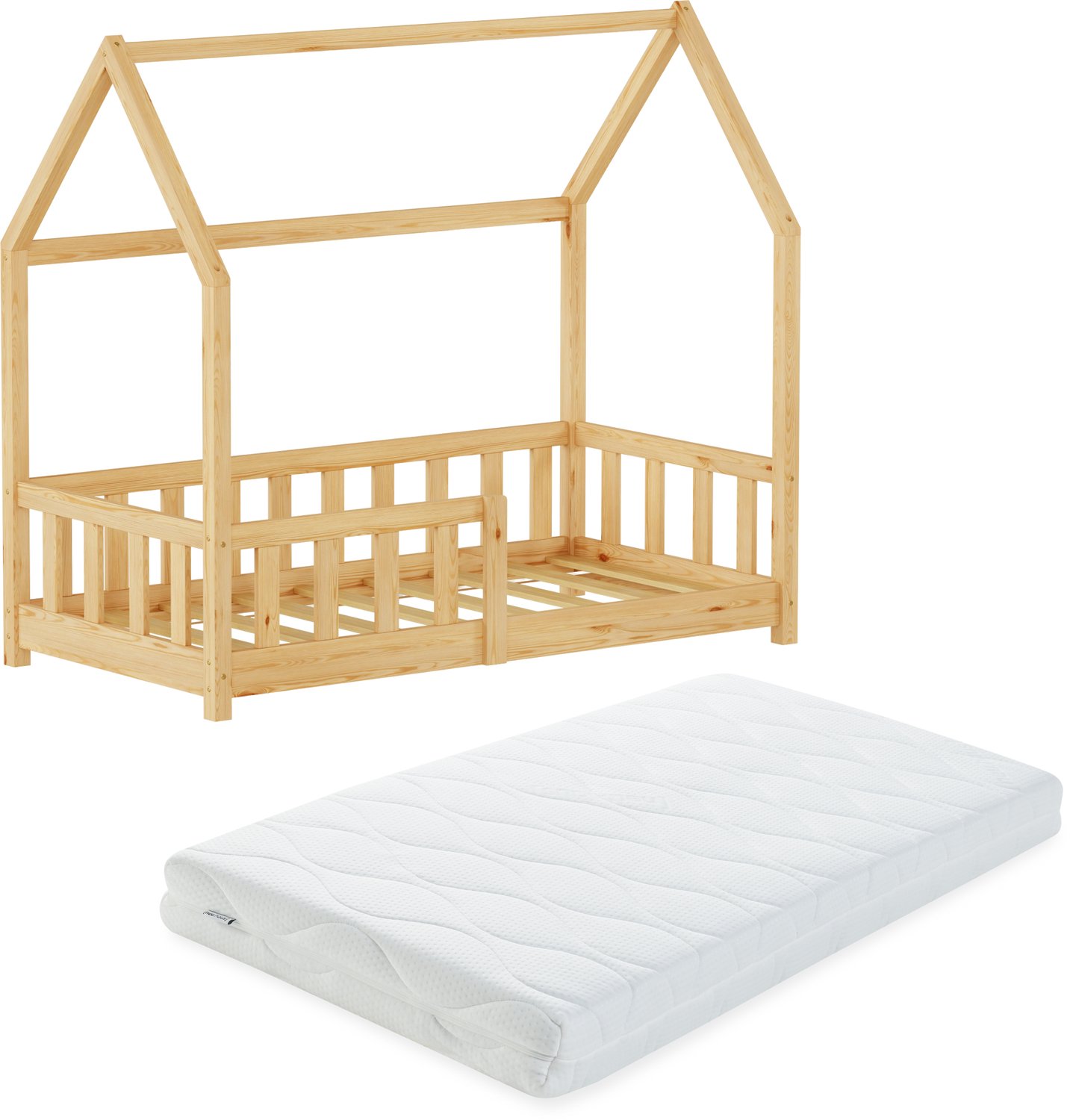 en.casa Montessori bed Hesel met valbeveiliging en matras 70x140 cm naturel [en.casa]