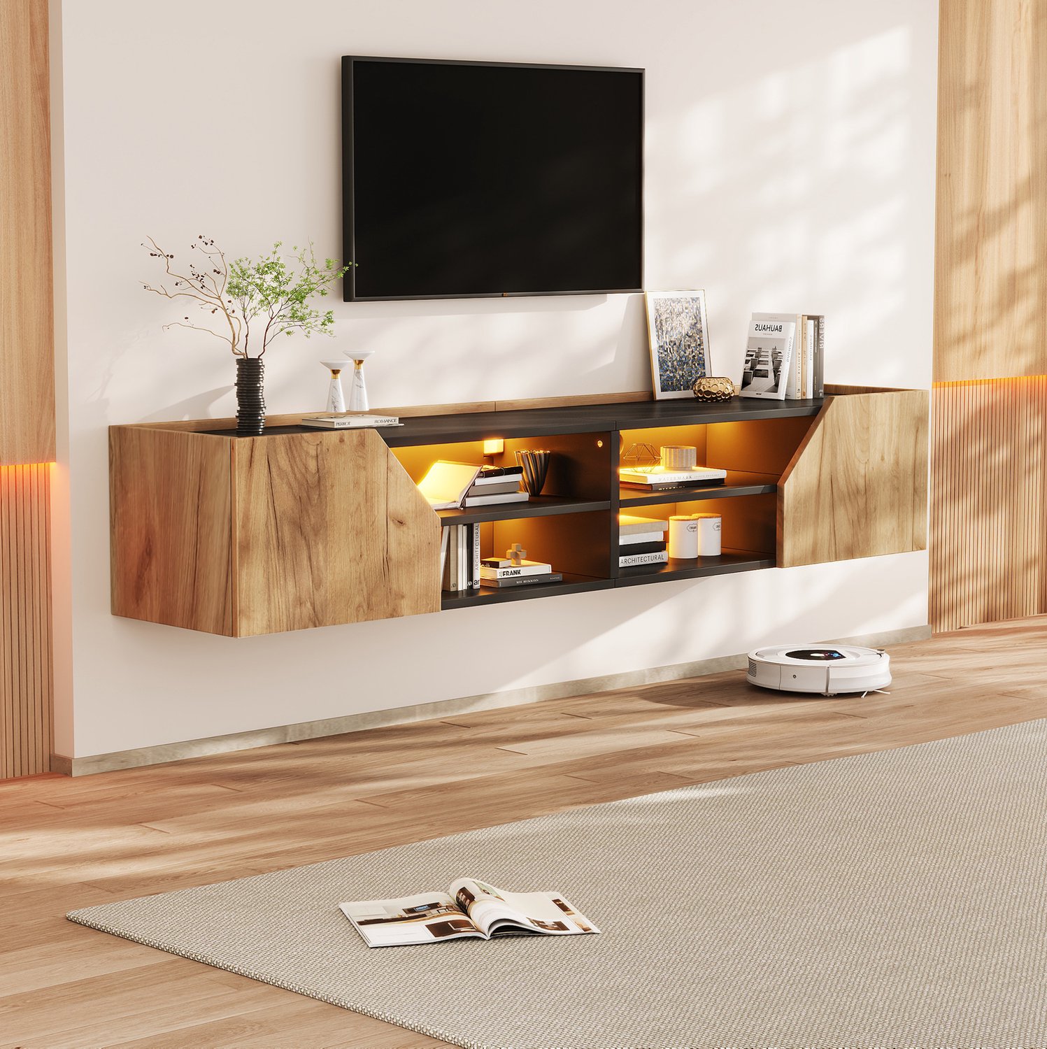 DESMIU Tv-Meubel - Wandmontage met Ledverlichting - 2 Deuren en 6 Vakken voor Woonkamer - Mdf en Spaanplaat - 180x36,5x40 Cm - Zwart en Houtkleur