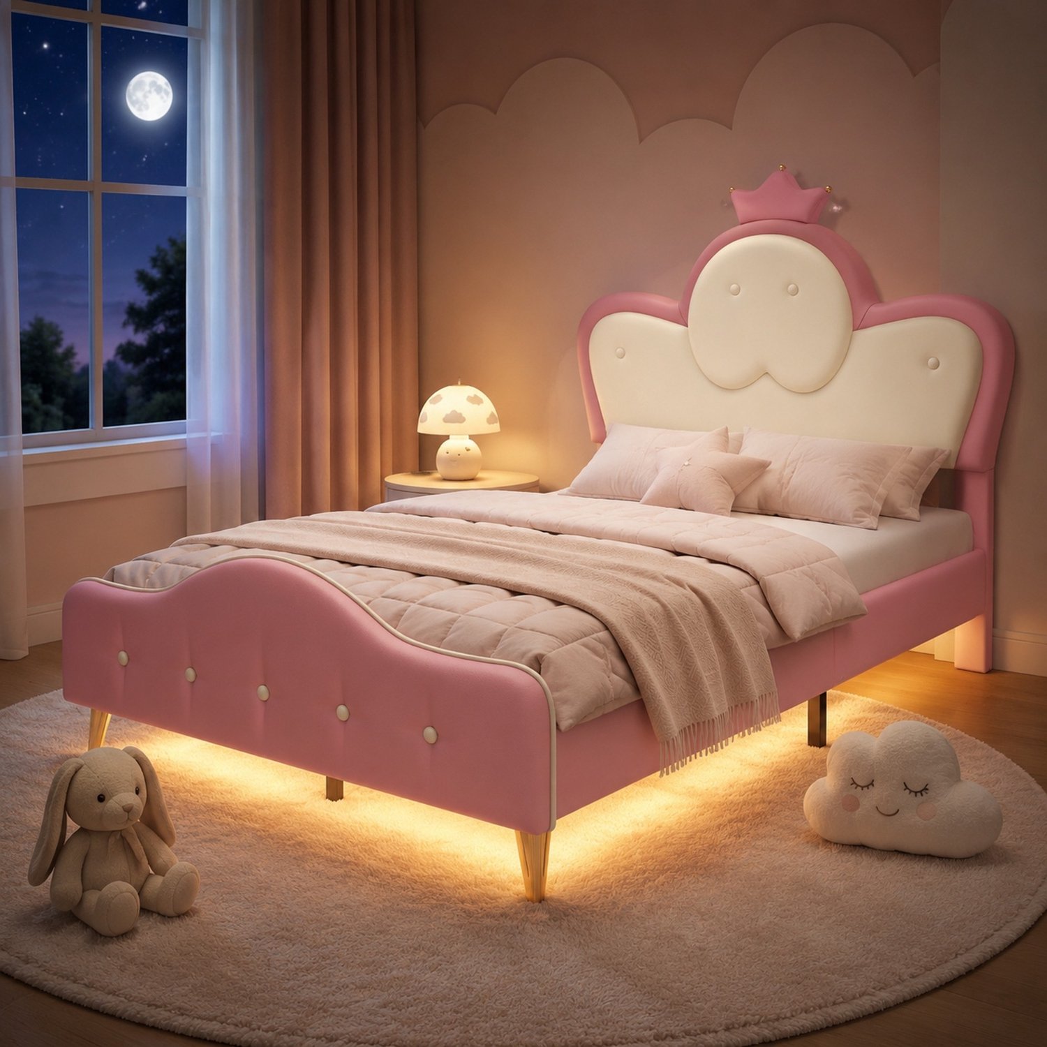Maisentiel Kinderbed 90 x 200 cm – roze/wit kunstleer, kroonhoofdbord en ledverlichting