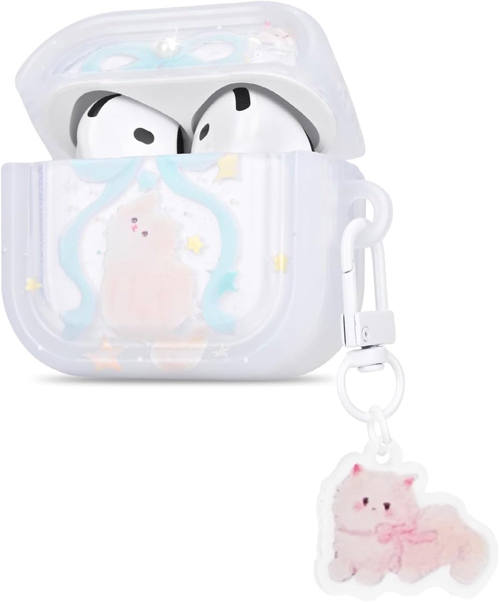 Hoes compatibel met Airpods 4e generatie (2024) met sleutelhanger, schattige beschermhoes met kattenpatroon voor meisjes, ultradun, TPU, schokbestendig, antislip, anti-stof, geen geur hoes
