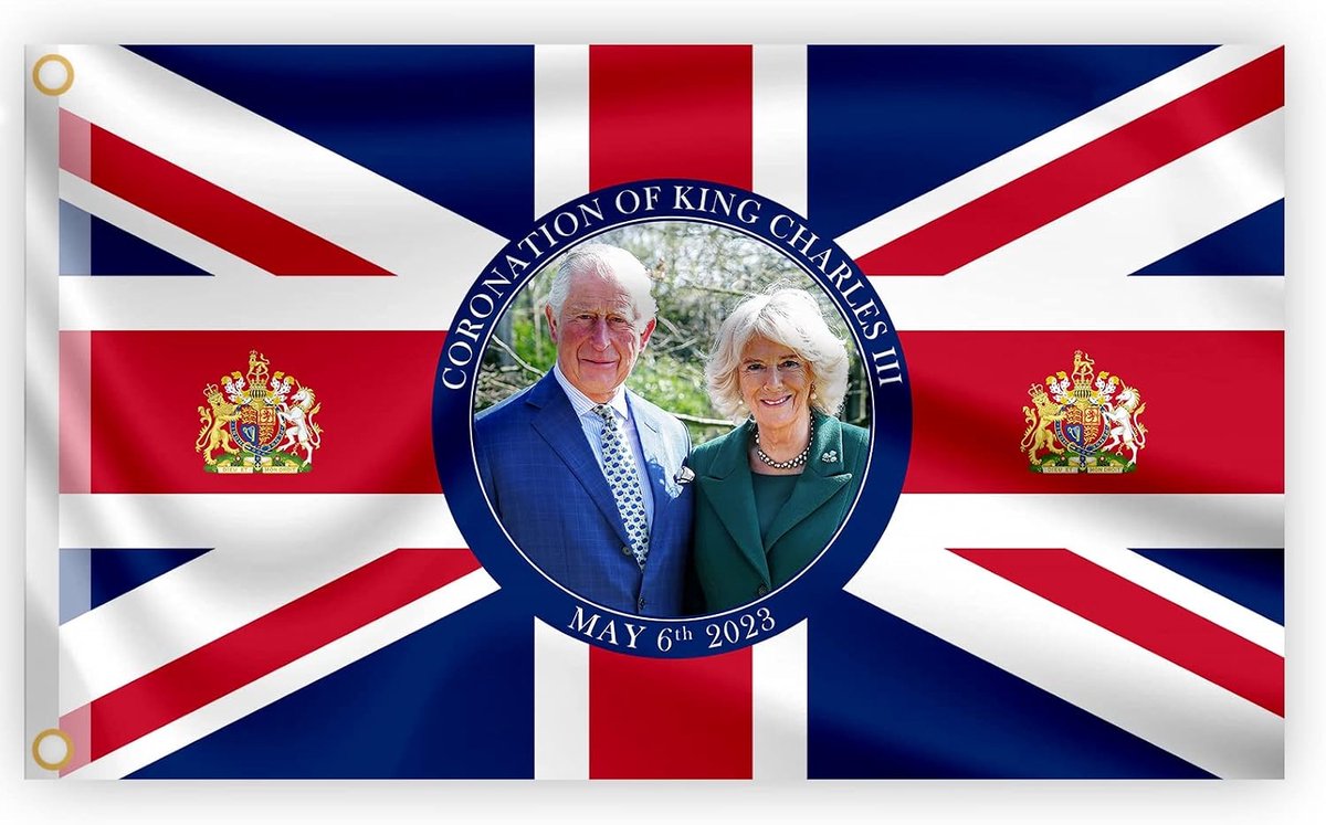 5x3FT Union Jack Vlag Nieuwe Koning Charles III Queen Consort Camilla Britse Monarch Soevereine Kroning Viering Groot-Brittannië Vlag Tuin Straat Pub Outdoor Decoraties