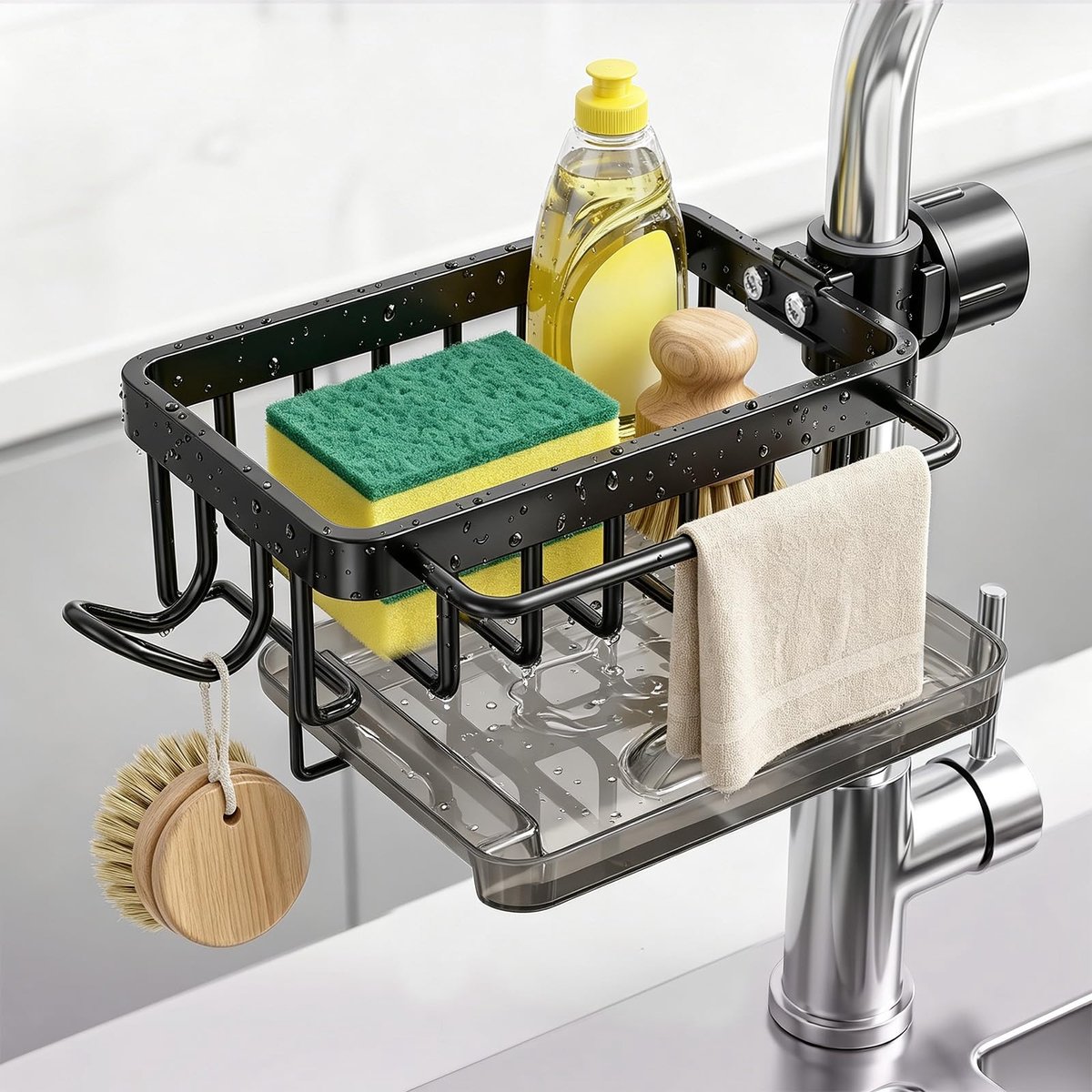 Famanu – Spoelbakorganizer, keuken, sponshouder, kraan, opbergrek met opvangbak, sponshouder, gootsteen zonder boren, kraanplanken, keukengerei, houder voor douchestang, afwasmiddel caddy mand
