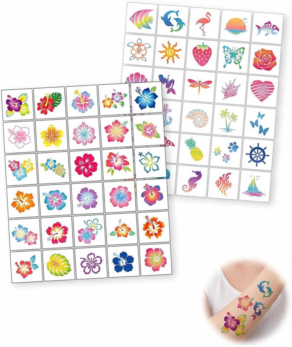 Tijdelijke tatoeages Hawaii hibiscus glitter, 60 stuks lichaamskunst, waterdichte bodyart stickers voor kinderen, vrouwen en tieners, perfect Aloha cadeau-idee