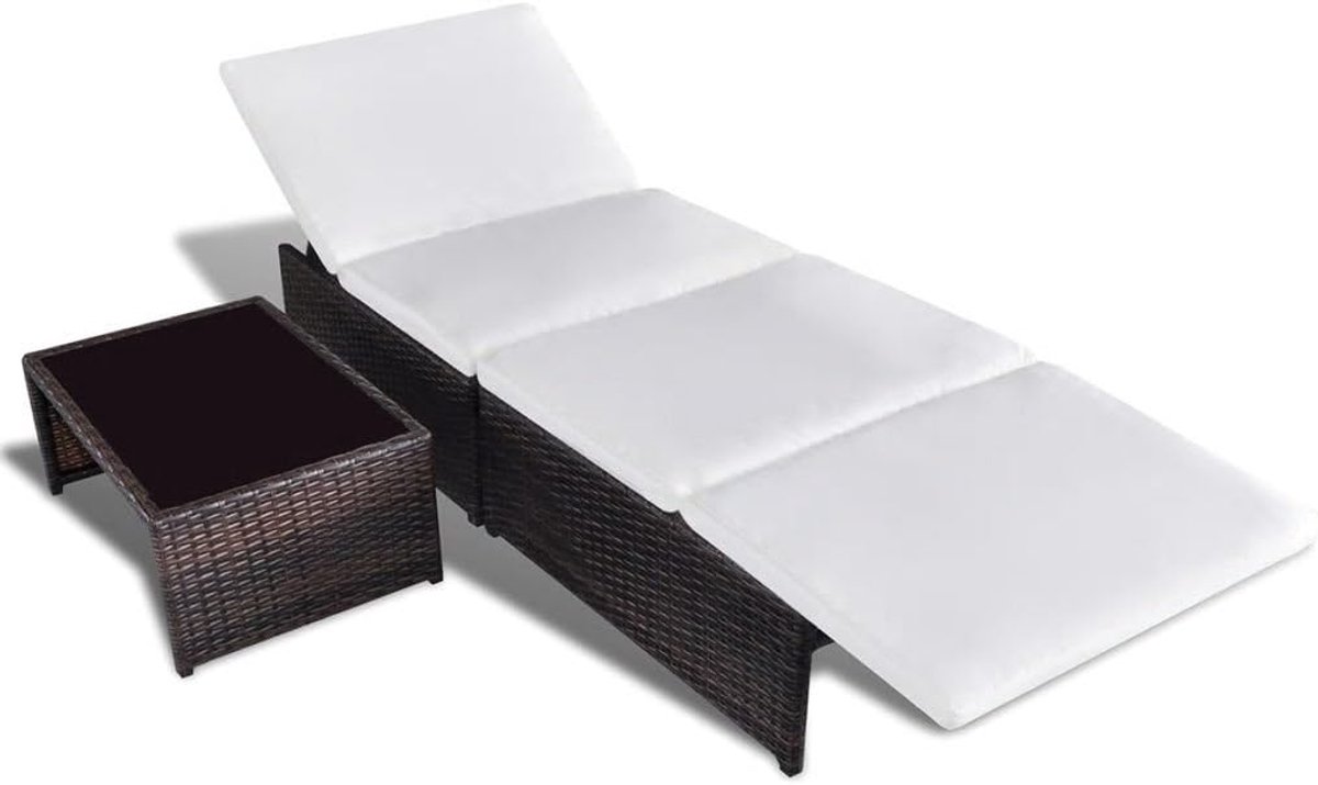 Ligbed voor tuin, buiten en binnen, met tafel voor balkon, terras, zwembad, terras, strand, verstelbare rugleuning, uitneembare kussens, polyrotan, bruin (combineerbaar in verschillende