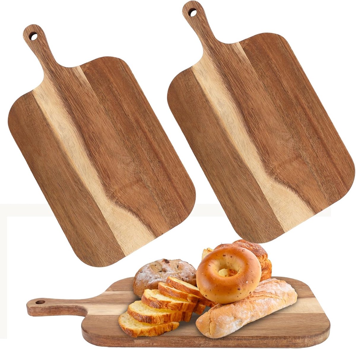 Set Van 2 Houten Snijplanken Met Handvat, 38 x 19,5 x 1,5 cm, Keuken Van Acaciahout, Grote Serveerplank Voor Vlees, Pizza, Kaas, Brood, Groenten