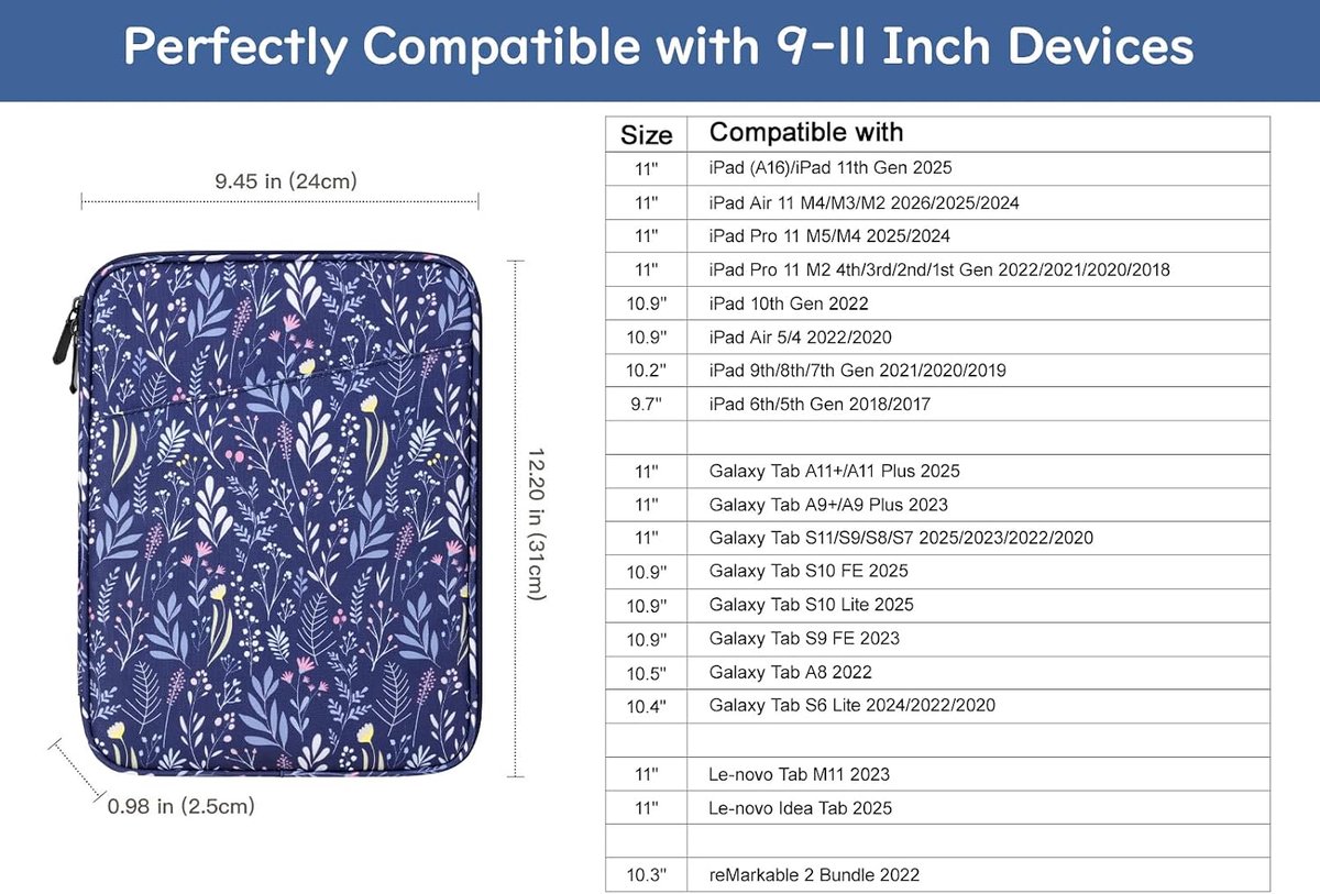 9-11 Inch Tablet Sleeve Bag Carrying Case, Branche Dark Blue