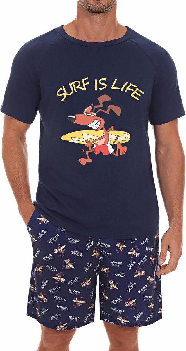 Pyjama heren katoen lichte pyjama heren met print korte pyjama heren met korte mouwen pyjama heren zomer tweedelige pyjama met trekkoord en broekzakken