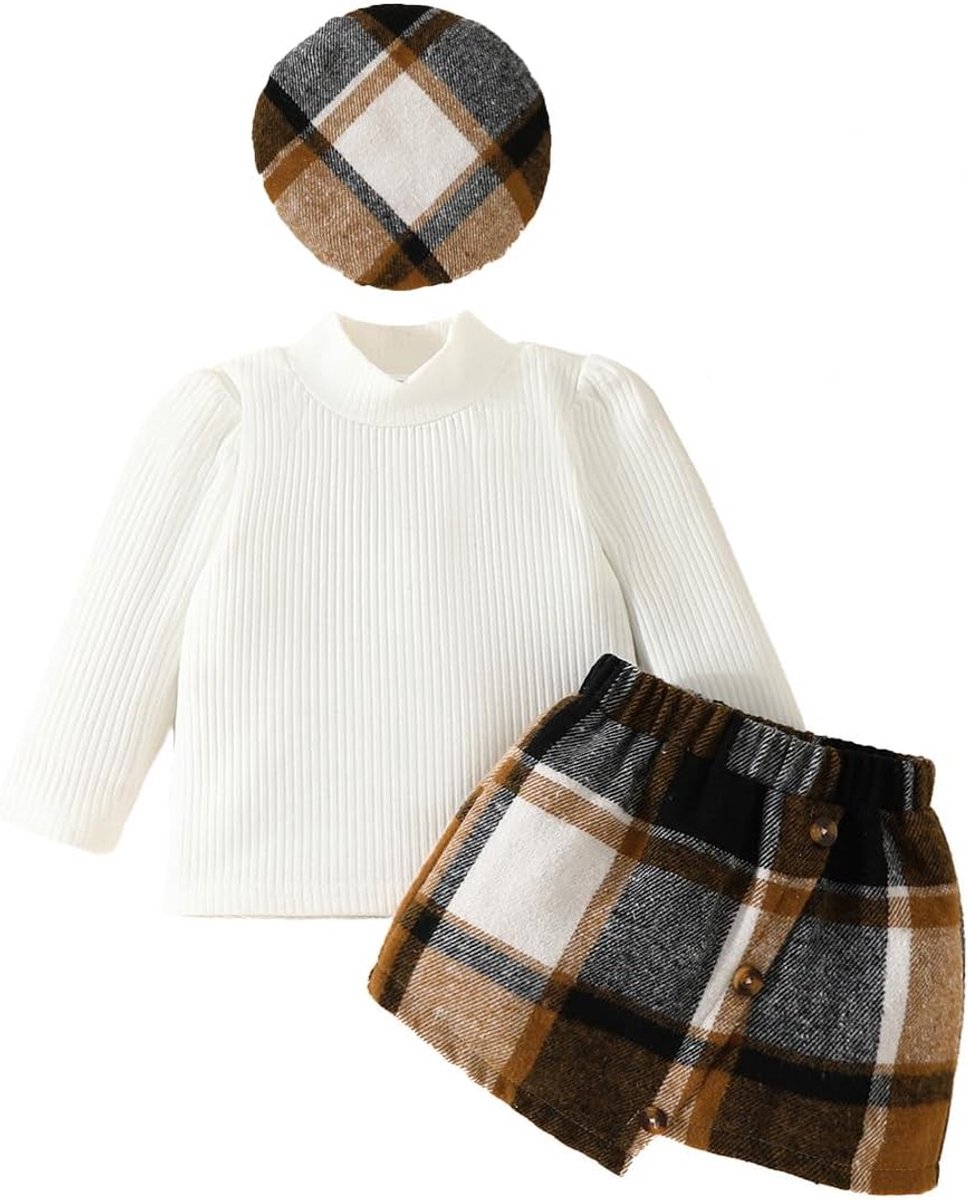 Kleding voor meisjes, kleine onderdelen, ruitpatroon, minirok, baret