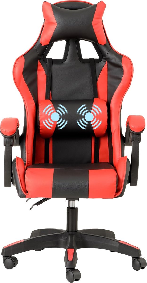 Home Ergonomische gamingstoel met lendenmassageapparaat, bureaustoel met verstelbare rugleuning met verstelbare kussens, hoofdsteun en rugsteun, 50 x 55 x 117 cm, rood