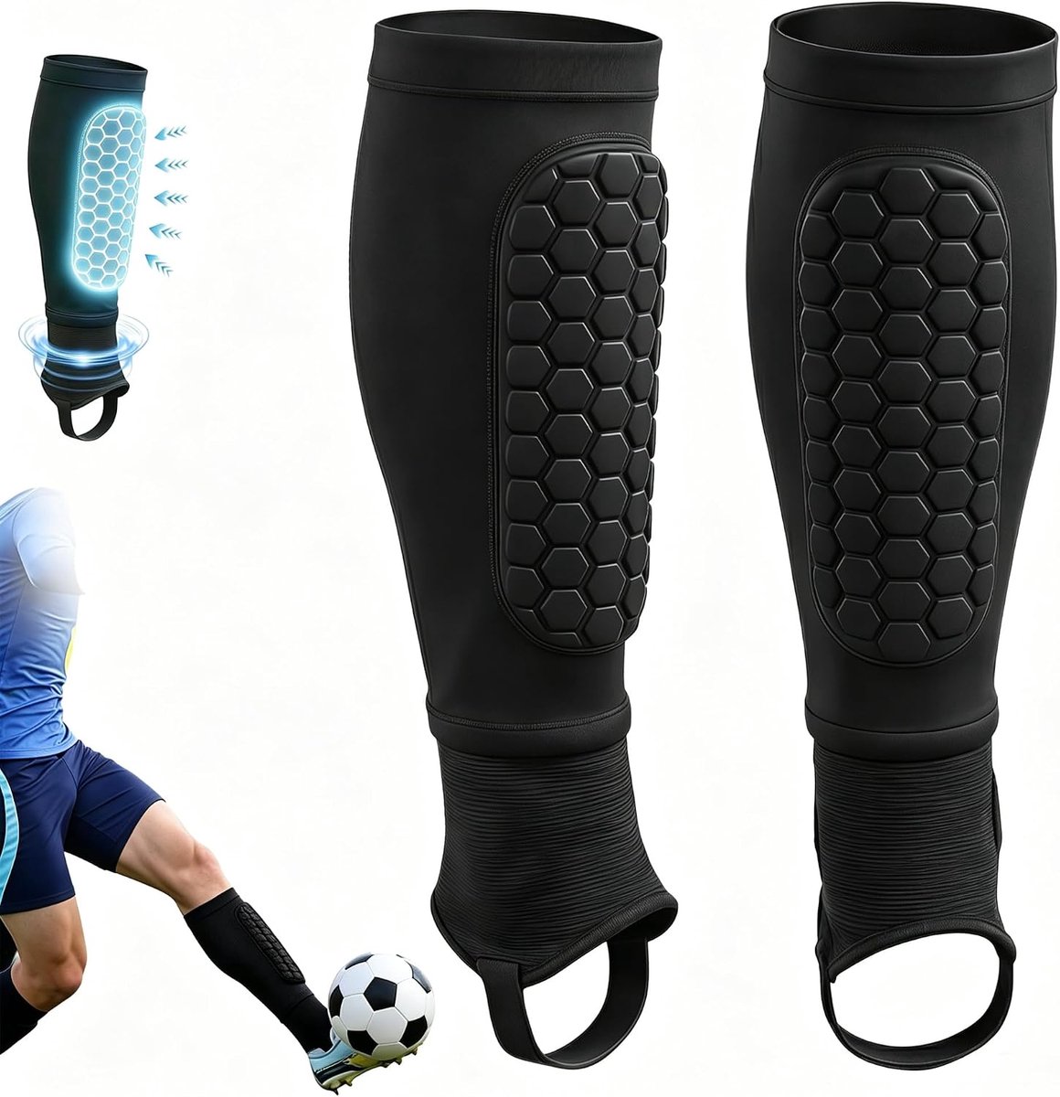 Scheenbeschermers voetbal heren en dames met enkelbescherming scheenbeschermers houder ademend antislip honingraatstructuur vermindert de impact voor voetbal, basketbal, skateboarden