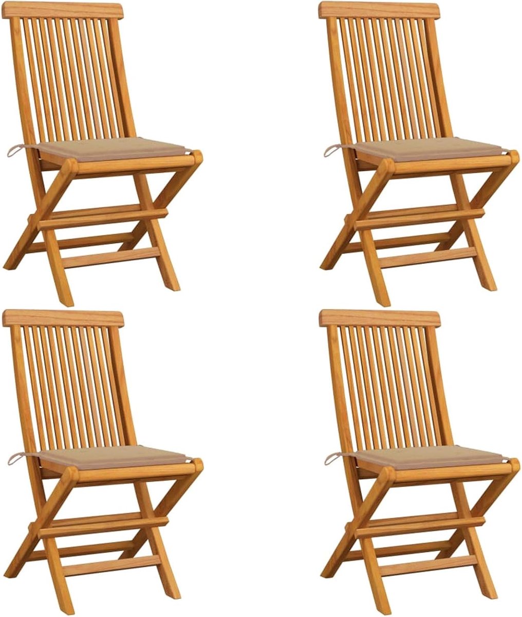 Set van 4 klapstoelen, houten stoelen, tuinmeubelen, tuinstoelen, eetstoelen, klapstoelen, stoelen 47 x 60 x 89 cm, met beige kussen, balkonstoel, hoge rugleuning, stoel voor terras en balkon
