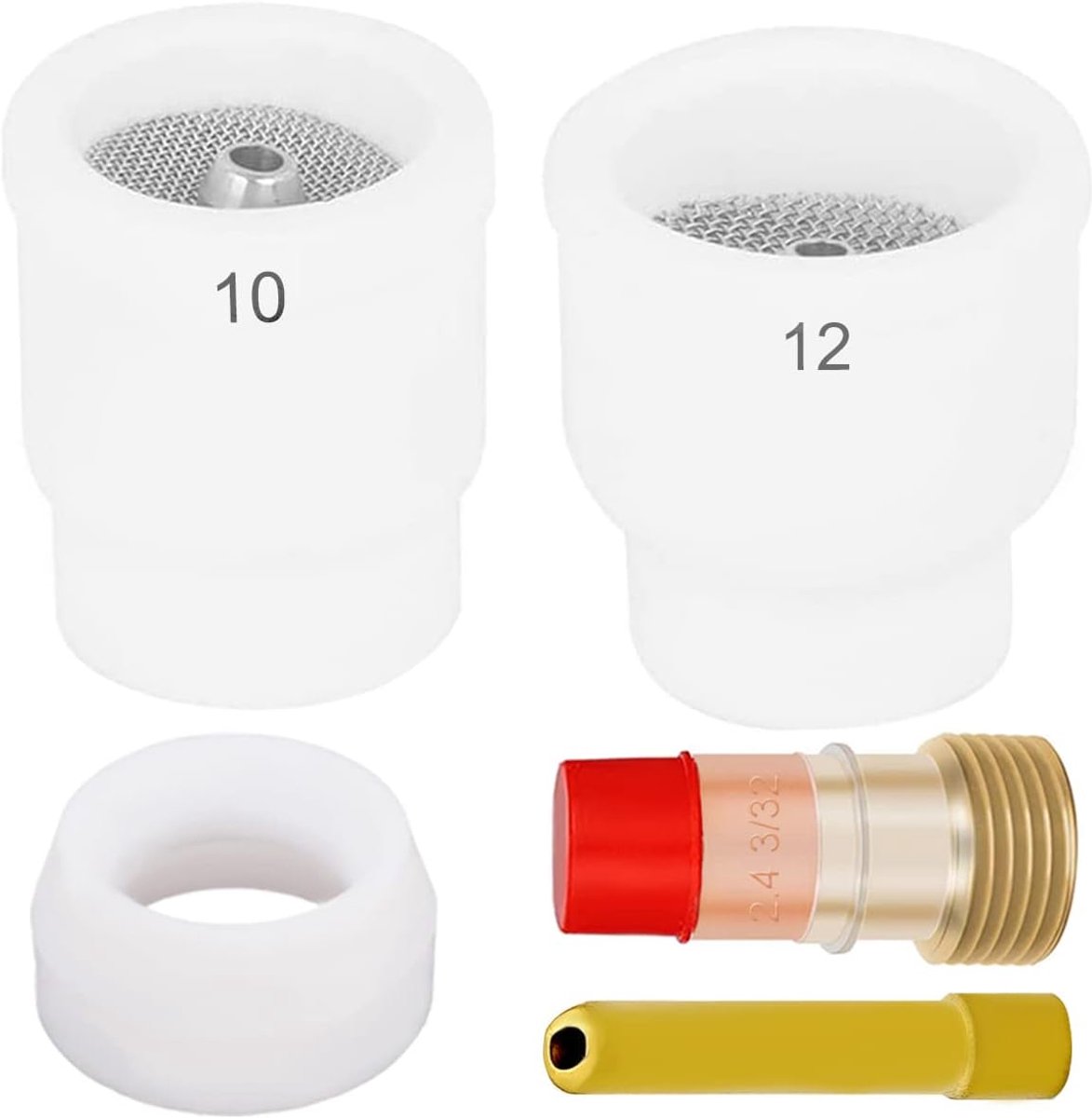 5Pcs Ceramic Welding Cup Kit #10#12 White TIG Welding Cup with 2.4mm Collets & 2.4mm Collet bodies, Teflon Cup gaskets for WP‑17/18/26