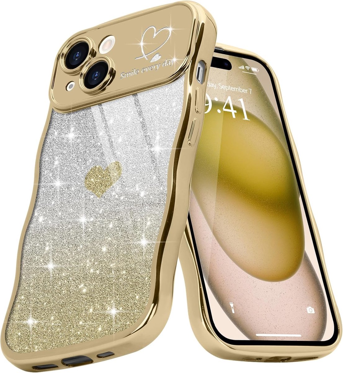 Wellenvormige beschermhoes voor iPhone 15, meisjesstijlvolle krullende golfvormige beschermhoes, vergulde glitter TPU camerabescherming, krasbestendige hoes voor iPhone 15, goud