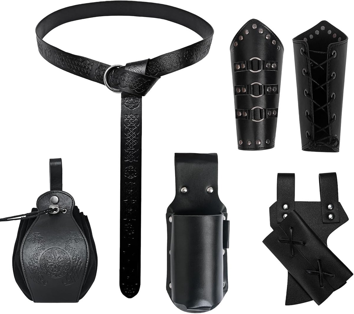 ridderkostuum, accessoireset, Halloween, necromantenpak, middeleeuwse riem, middeleeuwse armrails, riemtas, zwaartholsterriem en toverdrankfles voor cosplay
