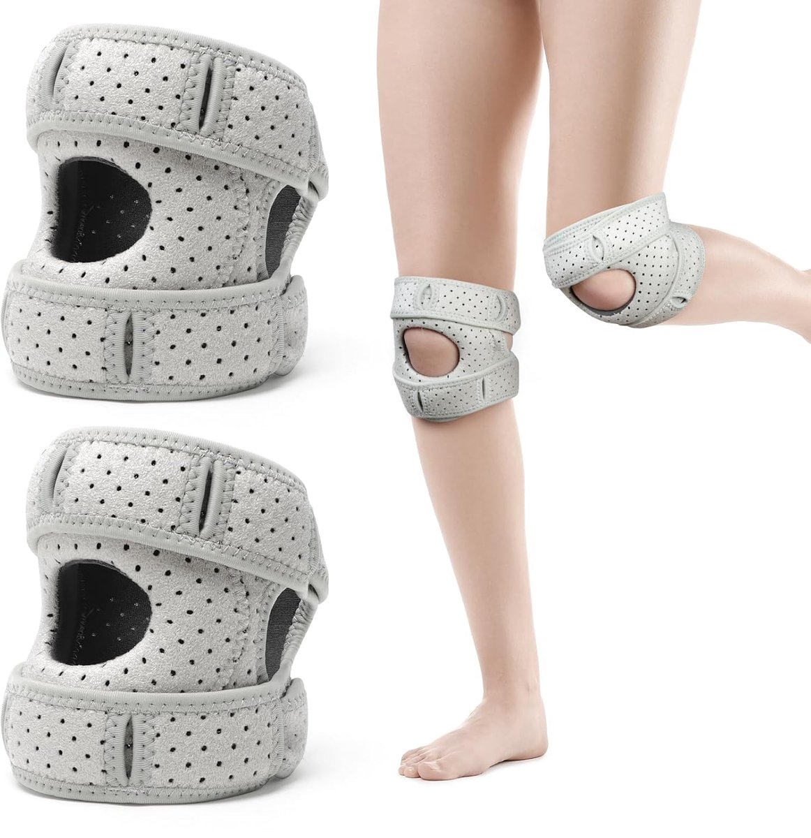 Patella kniebandages, kniebandage voor stressvermindering, verstelbare knieondersteuning, stabiliserende kniehulp, ademende knierail voor hardlopers, springerknie, 2 stuks (Grua)