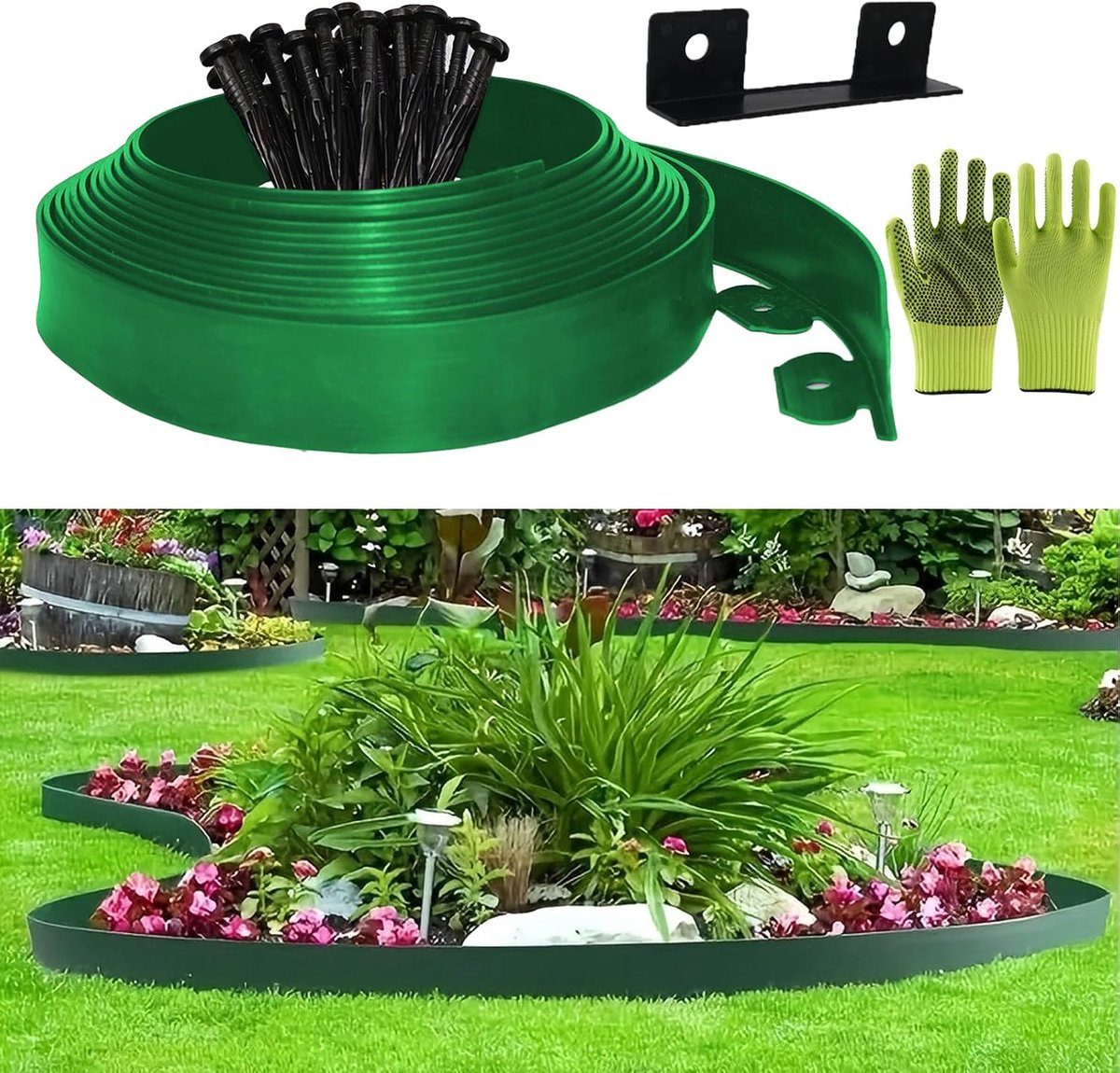 Gazonrand van kunststof, tuinhek voor buiten, 5 cm x 10 m, inclusief 30 verankeringspunten en 1 connector, met een paar handschoenen, decoratieve omheining voor de tuin (groen, 5 x 10 m)