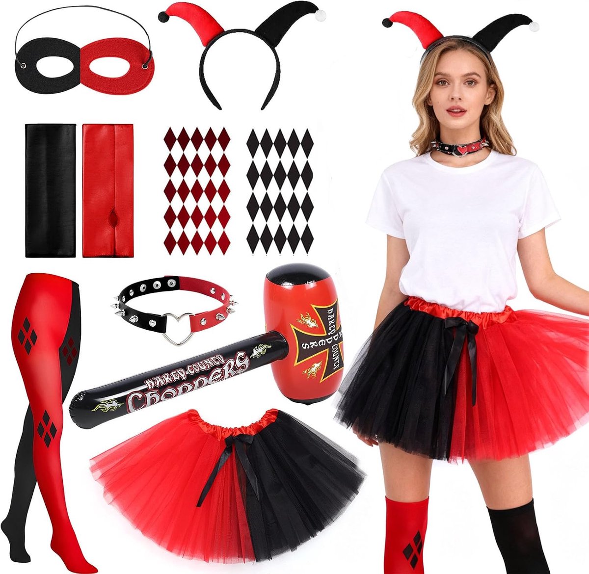 Kostuum cosplay voor volwassenen, clownskostuum voor Halloween, clownskostuum met Tütü-hoofdband, ketting, 2 stickers, opblaasbare hamer, cosplay-kostuum voor vrouwen, meisjes, Halloween