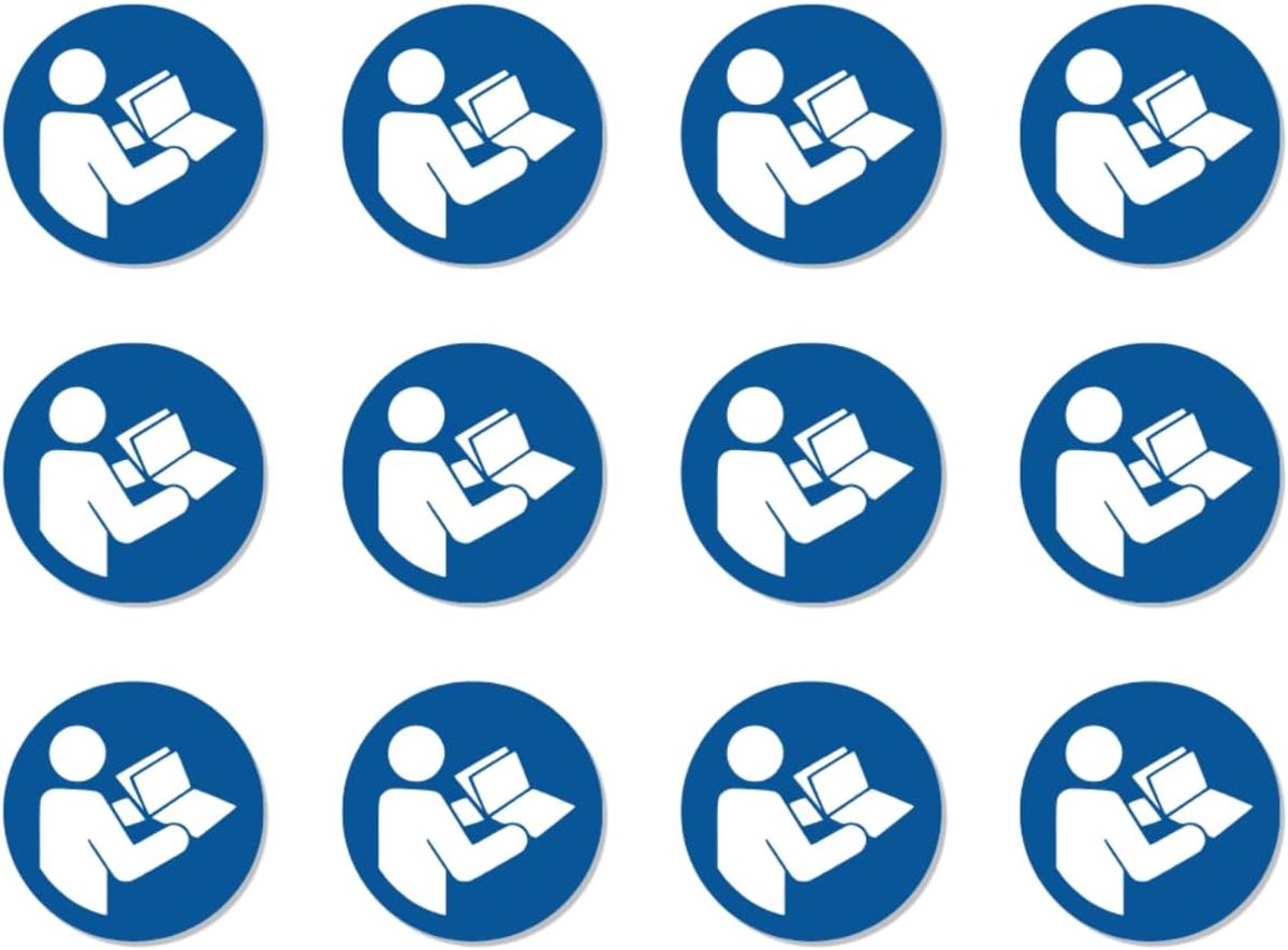 Gebruiksaanwijzing in acht nemen: M002 - DIN EN ISO 7010 / ASR A1.3 - stickers: Ø 2,5 cm, 12 stuks