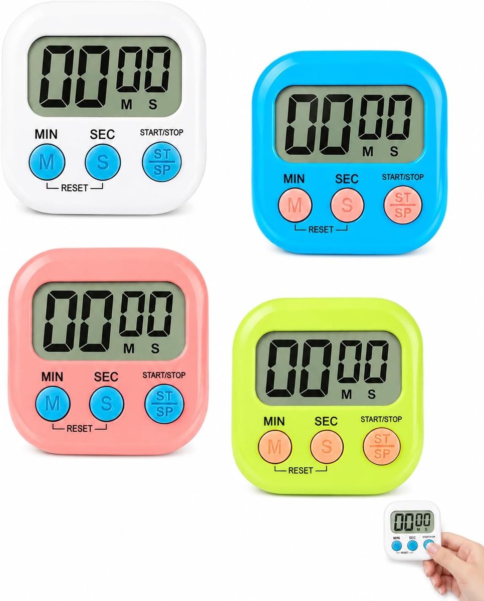 Timer, 4 stuks (wit, blauw, roze, groen), zonder batterijen, stopwatch met inklapbare standaard voor keuken, fitness en kindertijdcontrole