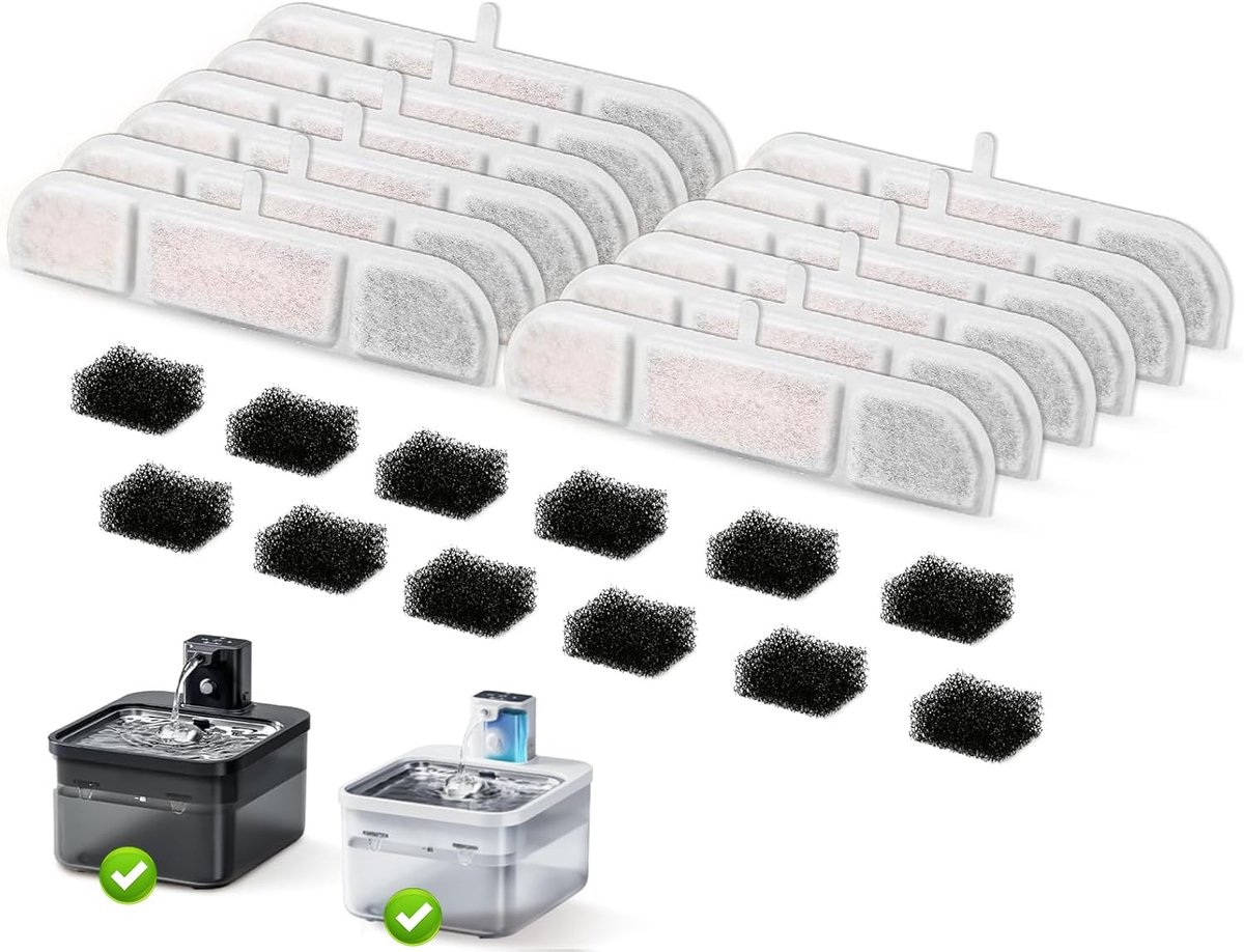 12 stuks filters voor kattenfontein en 12 stuks sponzen en actieve kool lonenwisselhars voor 2,5 l drinkfontein voor katten draadloos (DPWFP6)