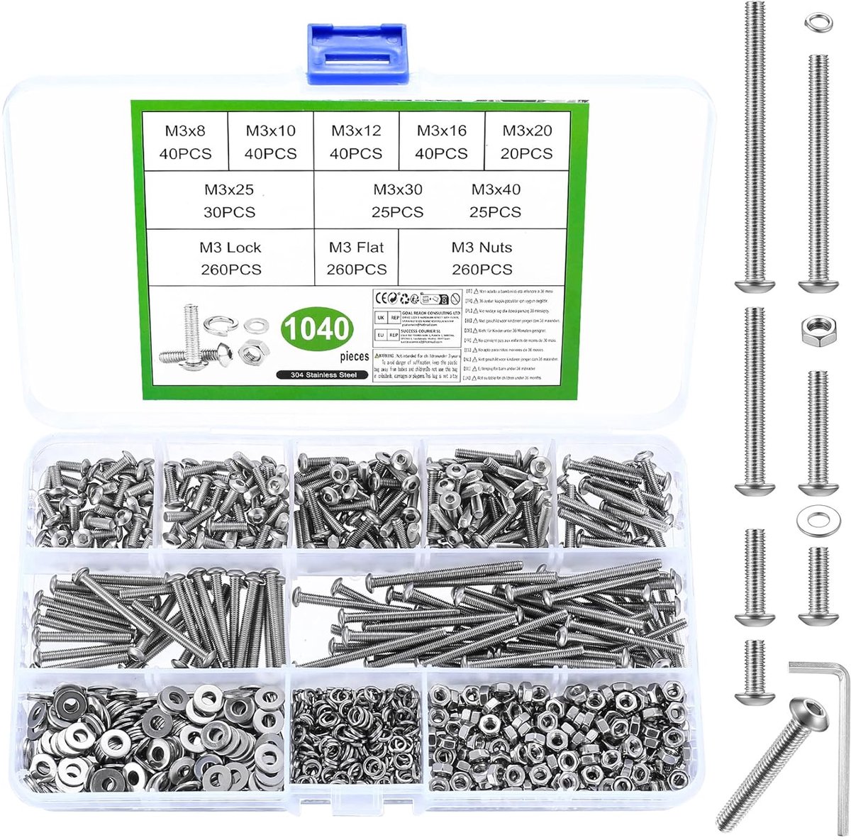 1040 stuks M3 schroevenset, lenskop, binnenzeskantschroeven, moeren, set lenskopschroeven met moeren, machineschroeven, assortiment, schroefdraadschroeven en moeren met sluitringen set