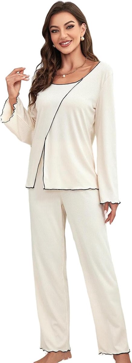 Pajama Set Loose Long Sleeve Pajamas, Fashionable White Threaded Pajamas, Bedroom Loungewear Set-A-S