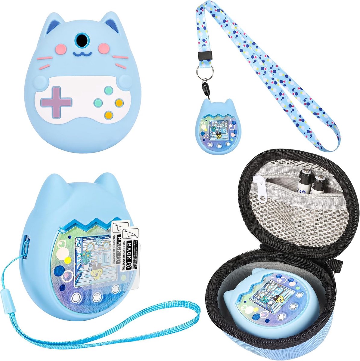 Hoes en harde koffer, compatibel met Tamagotchi Pix, virtueel huisdierspeelgoed, beschermhoes voor Tamagotchi Pix met polsband, displaybescherming en sleutelkoord, blauw, Lille