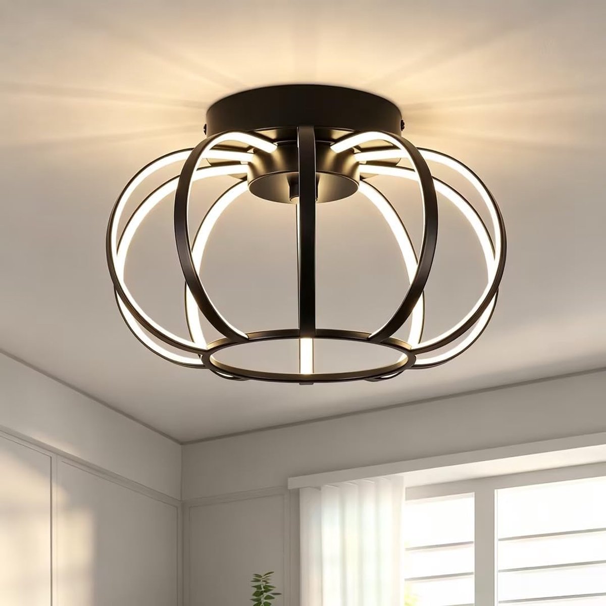 Plafondlamp in Zwart, Metalen Plafondlamp Halfglanzende Afwerking