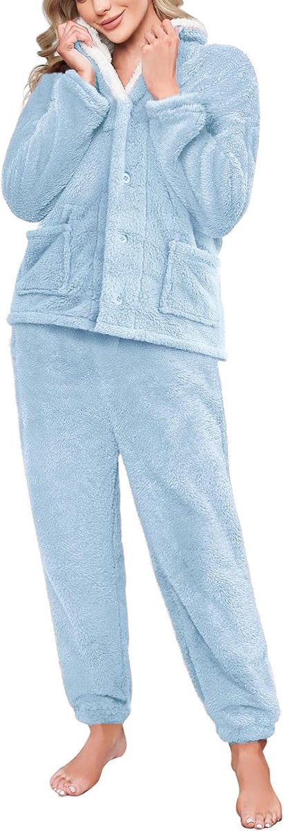 Pyjama voor dames winter pluizige fleece pyjama 2-delige pluizige pyjama sets dames loungewear lange mouwen nachtkleding pluche warme nachtkleding reverskraag trui met knoop zakken