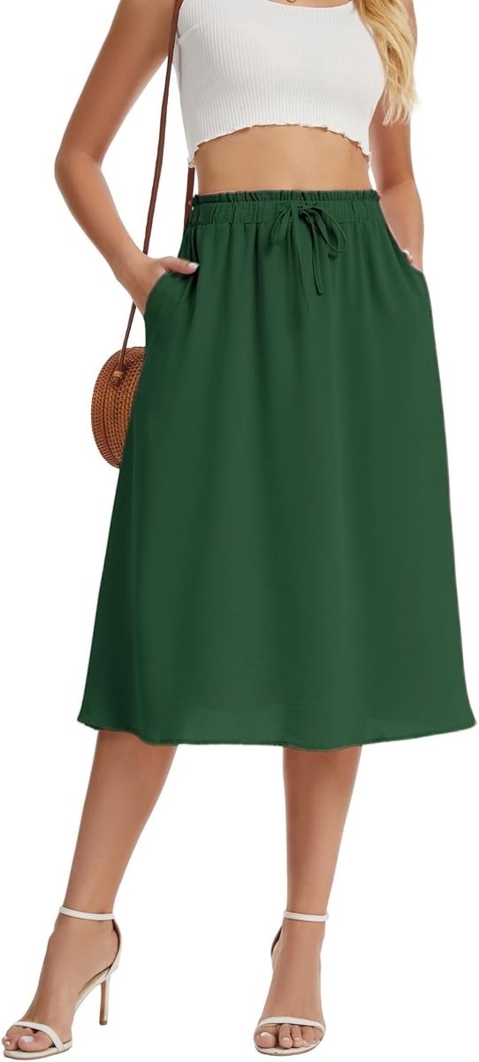 Rokken voor Vrouwen A-Lijn Elegante Hoge Taille Midi-Rok Met Trekkoord Zomer Lichtgewicht Casual Met Zakken