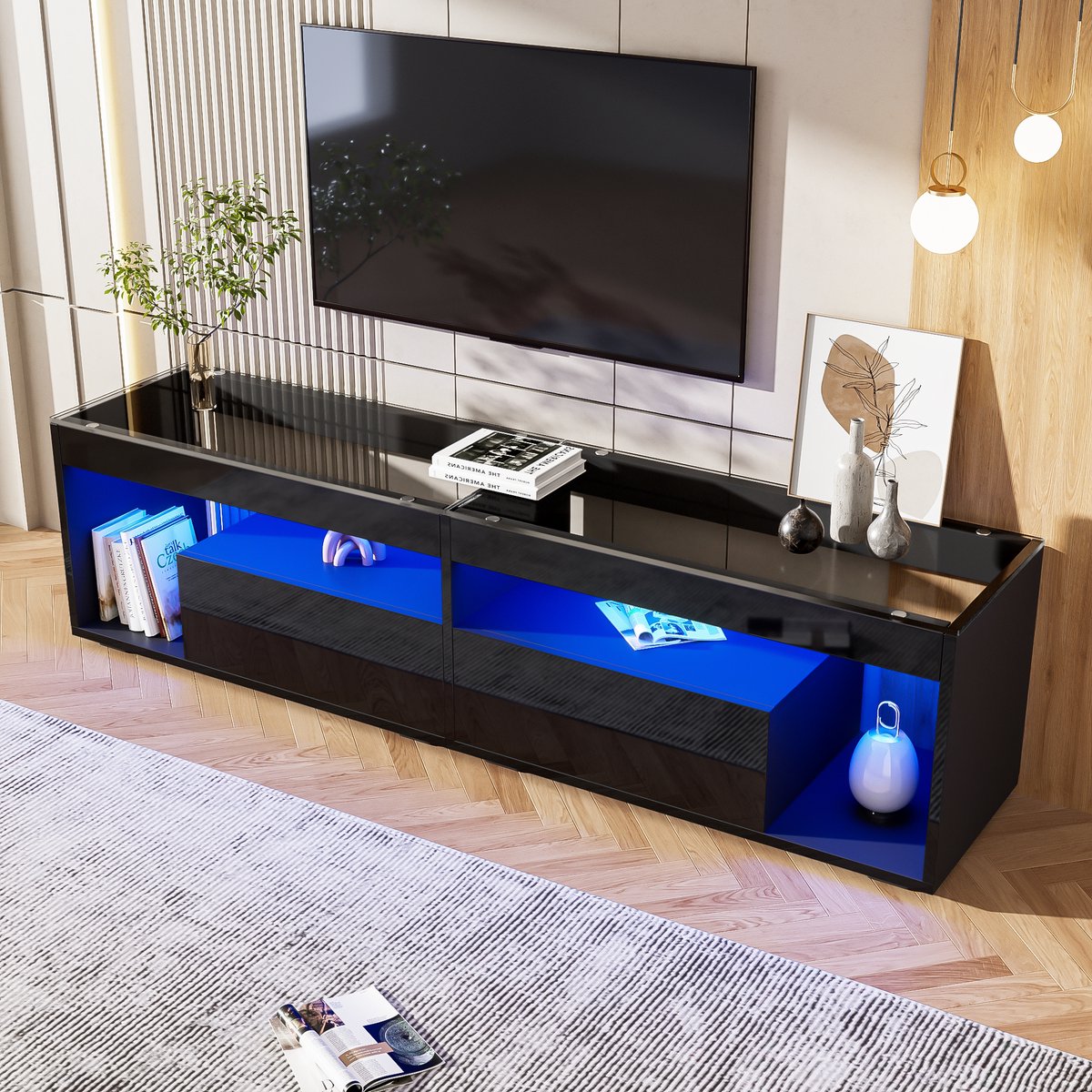 Hoogglans tv meubel met LED-verlichting en 2 lades - Voor woonkamer en slaapkamer - 180 cm breed - Zwart - App-bestuurbare sfeerverlichting - Gehard glas - Geschikt voor 70 inch tv