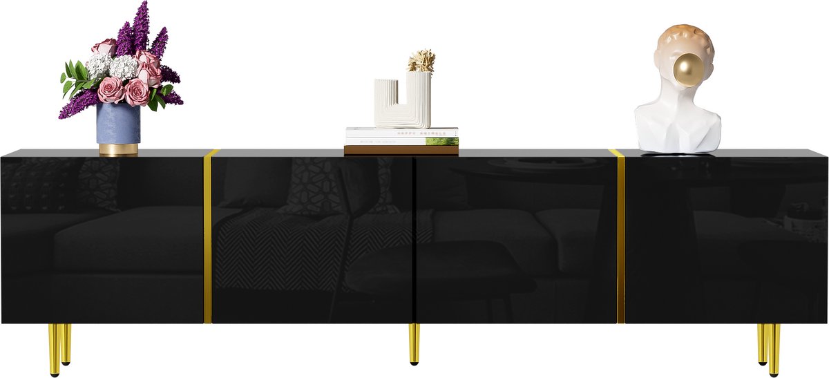 tv meubel hoogglans zwart - 4 deuren met soft-close - 170 cm - Zwart-goud - Stijlvolle opbergruimte voor woonkamer - Gouden accenten - Geschikt voor 70 inch tv - Stabiele constructie