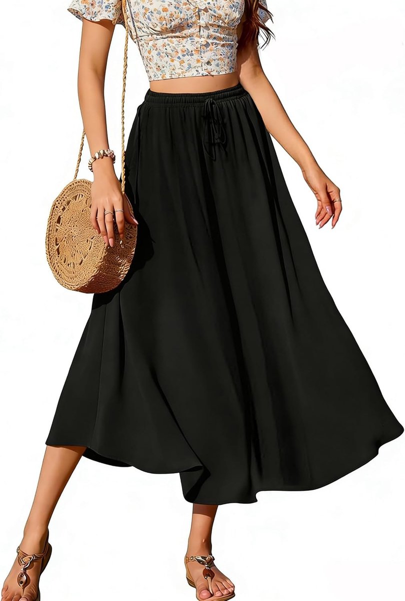 rok voor dames, elegant, met hoge taille, maxi-rok met trekkoord, casual, trapezium, elastische rok, trapeziumrok, strandrok