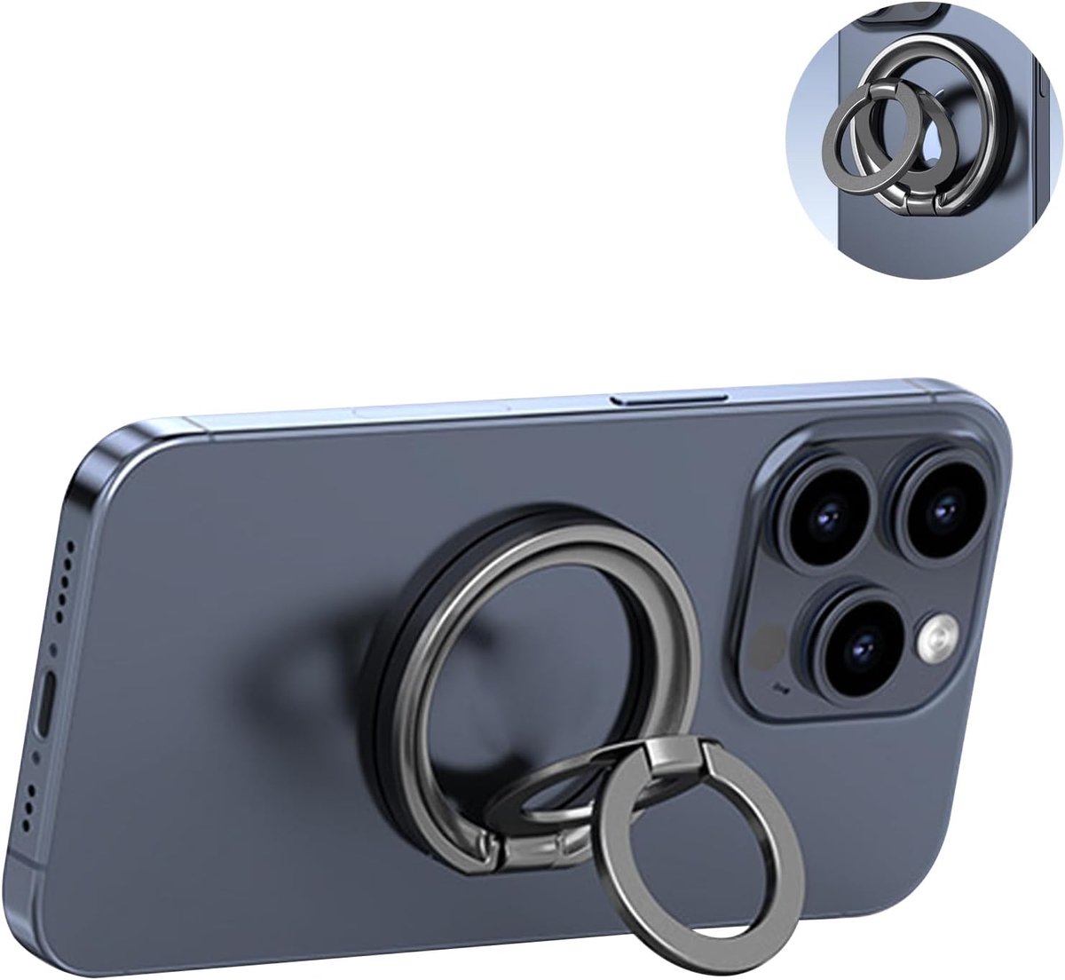 Telefoonring, magnetische telefoonring met 2 metalen ringen, krachtige magnetische houder, mobiele telefoonring voor iPhone Samsung, accessoires voor mobiele telefoons