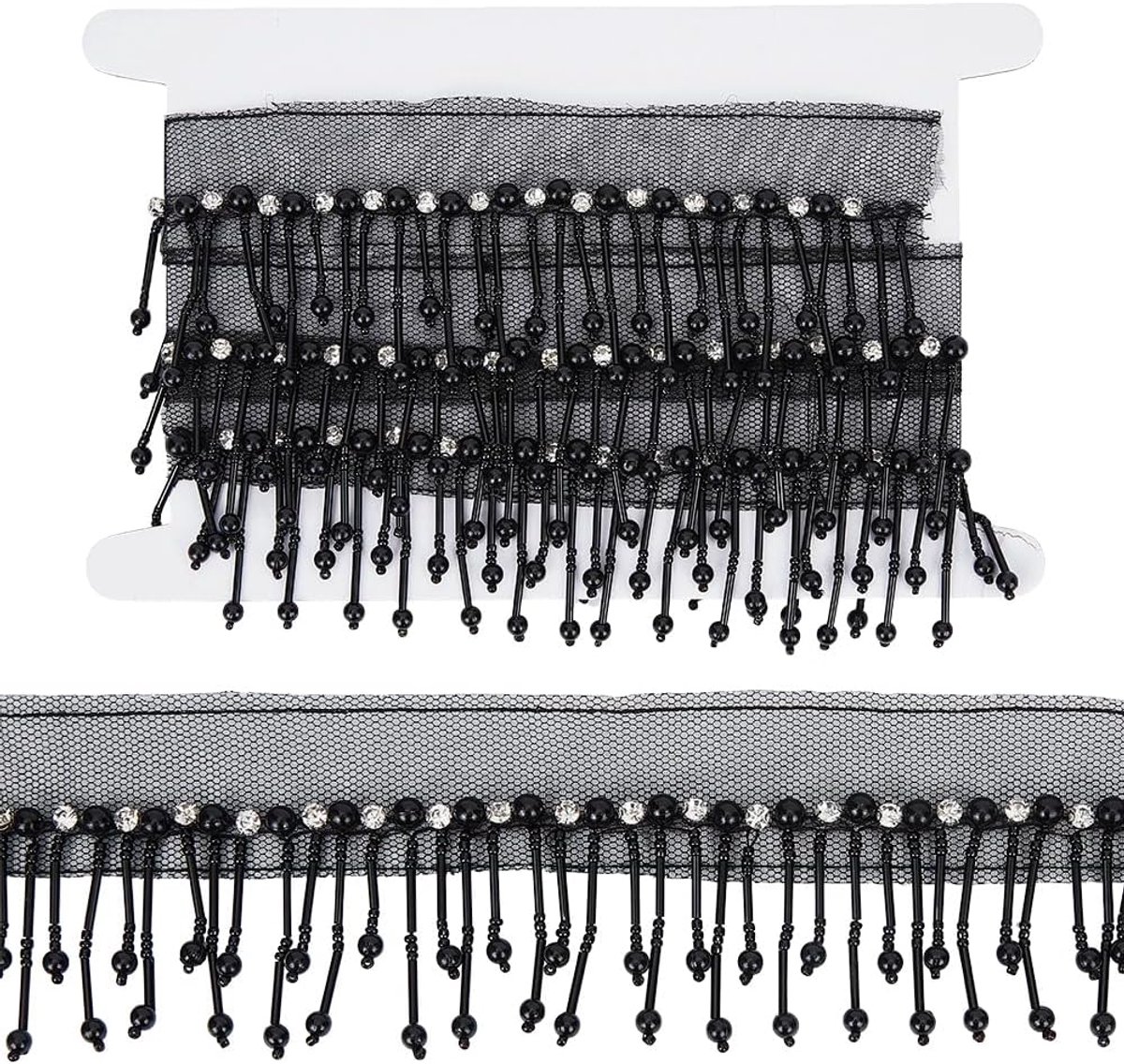 1 Yard 60mm Zwart Glas Strassteen Kralenranden Kwast Afwerking Kristal Imitatie Parelkralen Franjes Afwerking Polyester lint voor jurken Kleding Gordijnaccessoires Doe-het-zelf Knutselbenodi