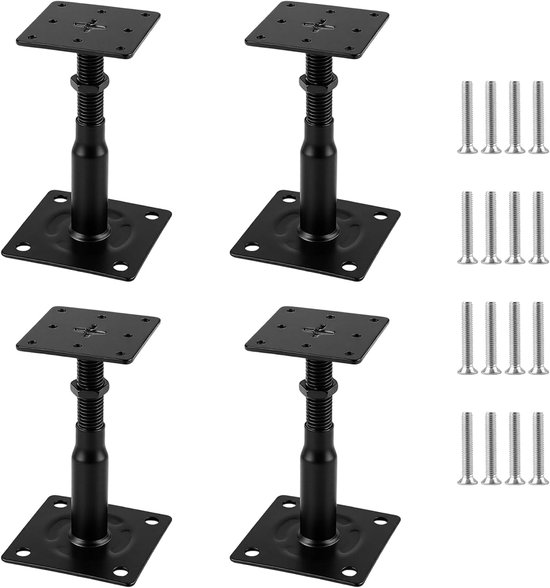4 stuks in hoogte verstelbare paaldragers, 100-150 mm, zwarte steunvoet, verstelbare paalvoet van koolstofstaal met schroeven, paalsteun, zwart, voor hekken, carports, pergola's — afbeelding 2