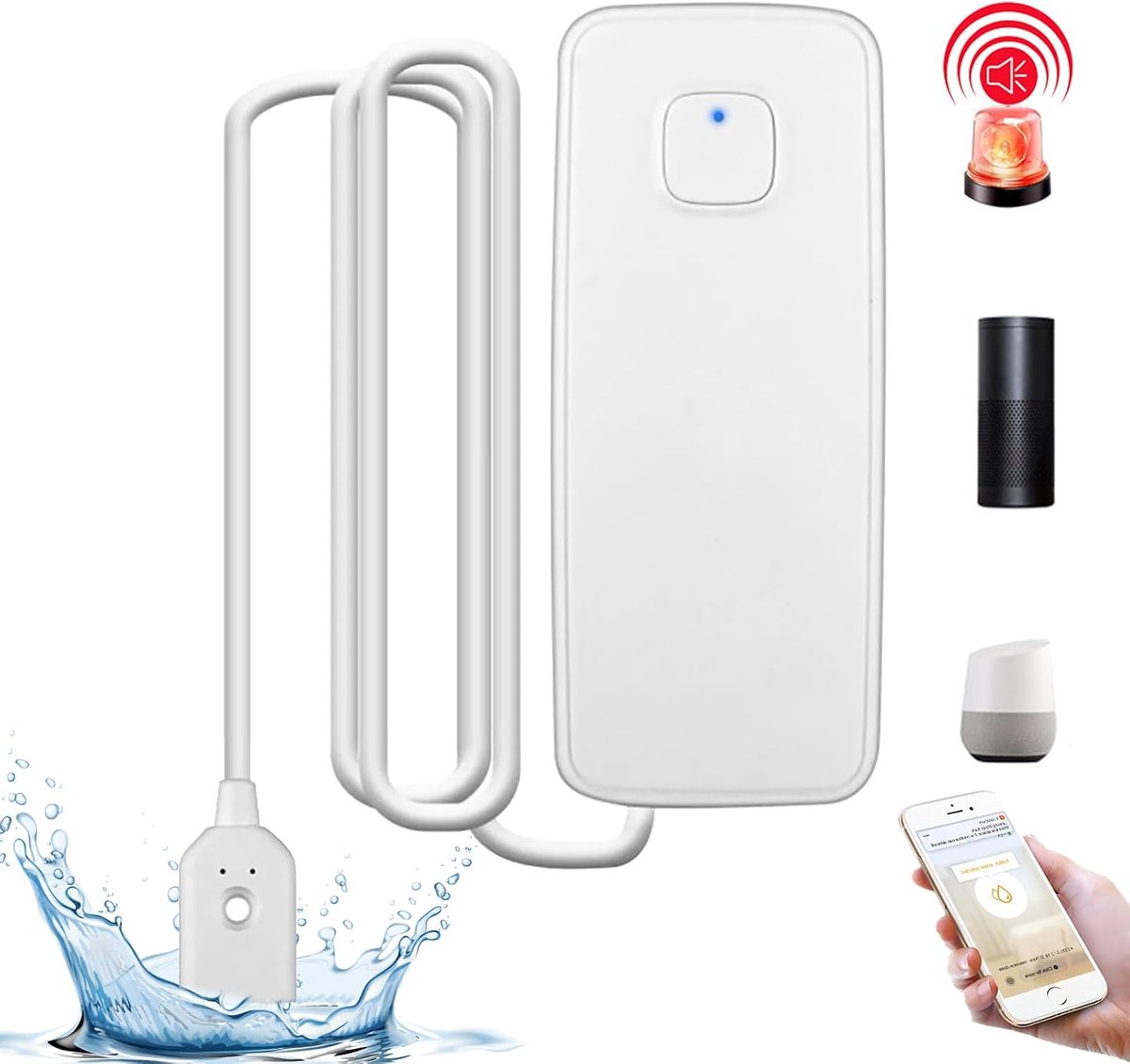 Waterleksensor, watermelder, wateralarm: 80 dB wifi-detector, luide watersensor, waterstandsensor via app bestuurbaar, intelligente watersensor, alarmen voor badkamer, bijkeuken, keuken