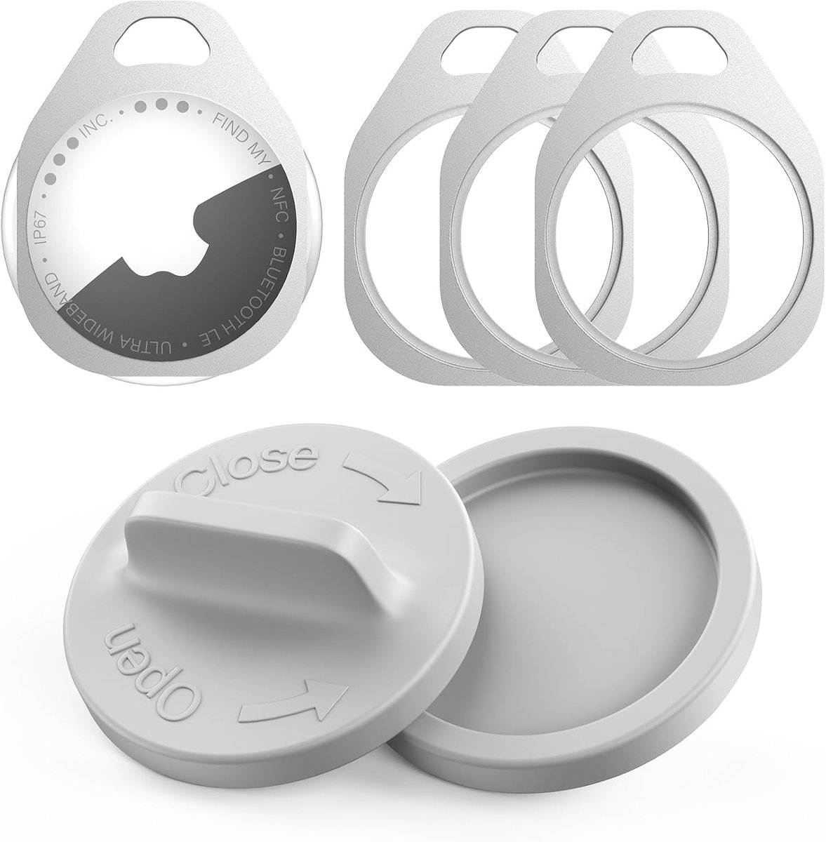 Sleutelhangers voor AirTag-houder, 4 stuks, met precisie-siliconen opener, slanke aluminium behuizing voor AirTag 2e generatie (2026) en 1e generatie (2021), zilver