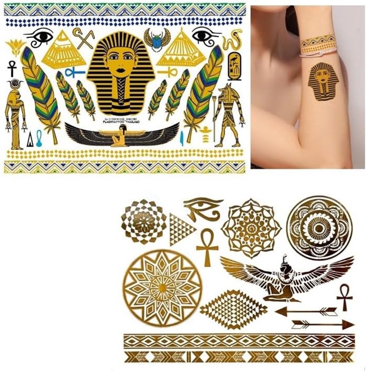 2 vellen Egyptische Tattoo Tattoo Goud Metallic Tattoo Nep Tattoo VT369 330b
