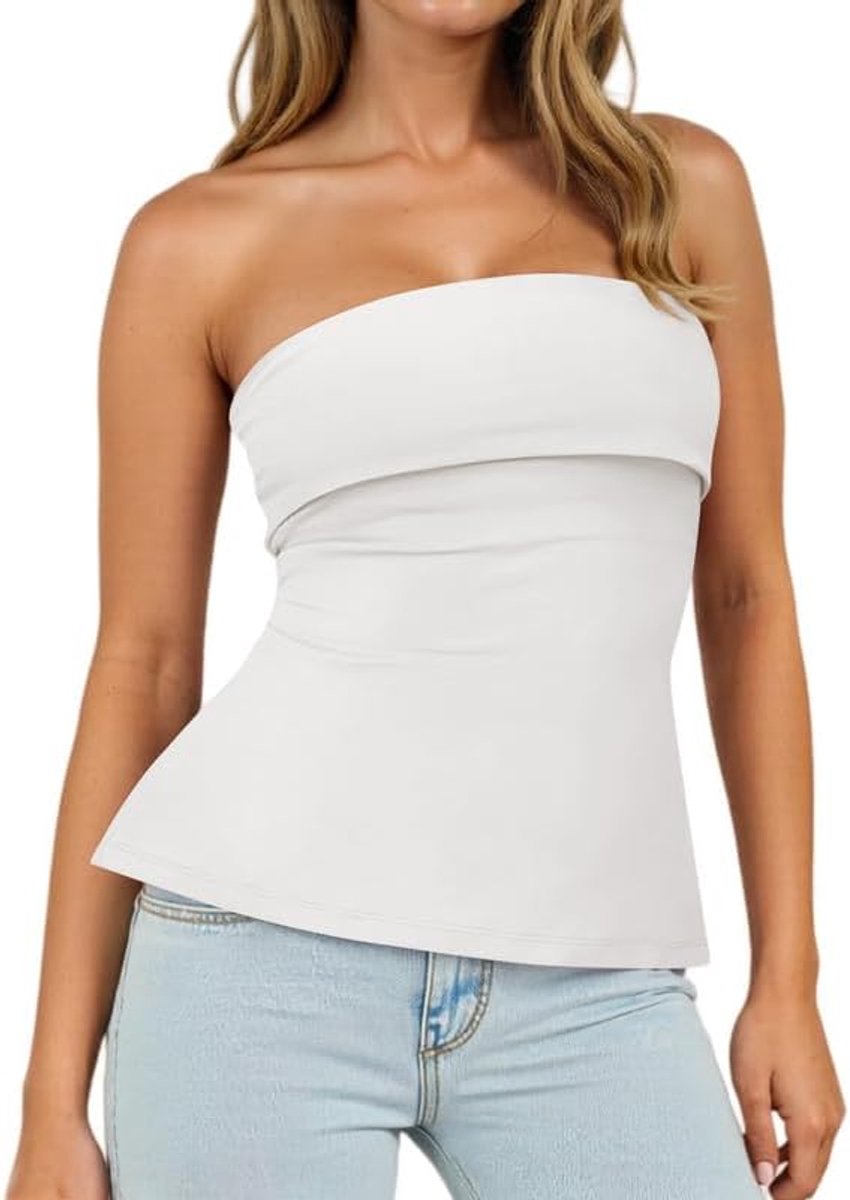 Buistop voor dames, zomer, mouwloos, bandeau-top, elastisch, slim fit, strapless blouse, rugvrij, Y2k outfits, non-slip schoudervrij bovendeel met dubbellaagse bust, sexy zijsplit