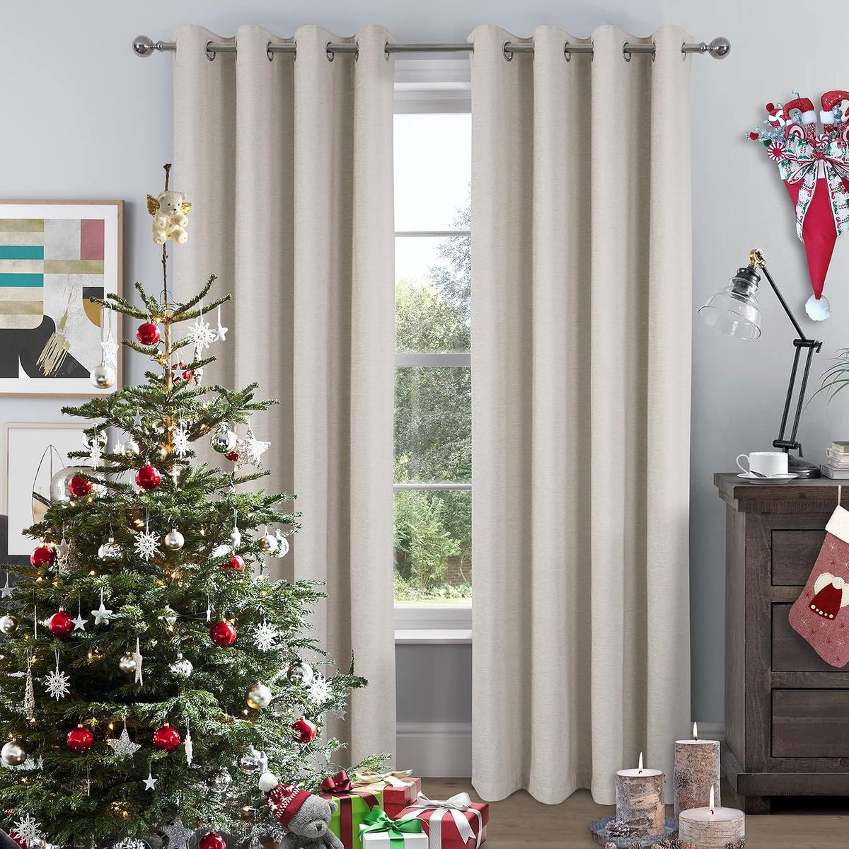 Design 100% ondoorzichtig gordijn, chenille, eenkleurig, kruisgordijn, woonkamer, thermogordijn, bescherming tegen kou, oogjes voor slaapkamer, keuken, ramen, moderne decoratie, beige, 140 x 245 cm, 2 stuks