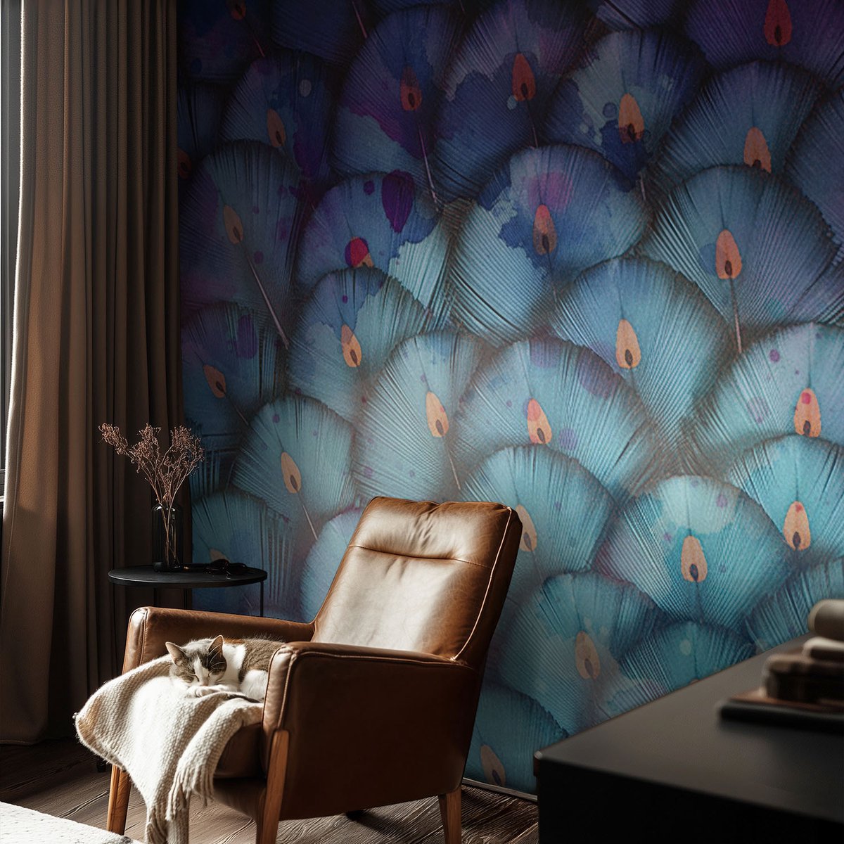 Coloray Vliesbehang - Blauw Snellijm Behang - 104x70 cm - Kleurrijke Veren Muurschildering - Gang behang Dieren - Fotobehang Vlies - Gang behang