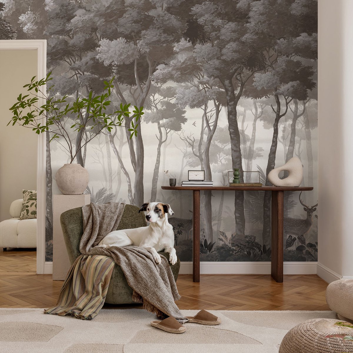 Coloray Vliesbehang - Grijs Snellijm Behang - 104x70 cm - Bosmagie Muurschildering - Gang behang Bloemen En Planten - Fotobehang Vlies - Slaapkamer behang