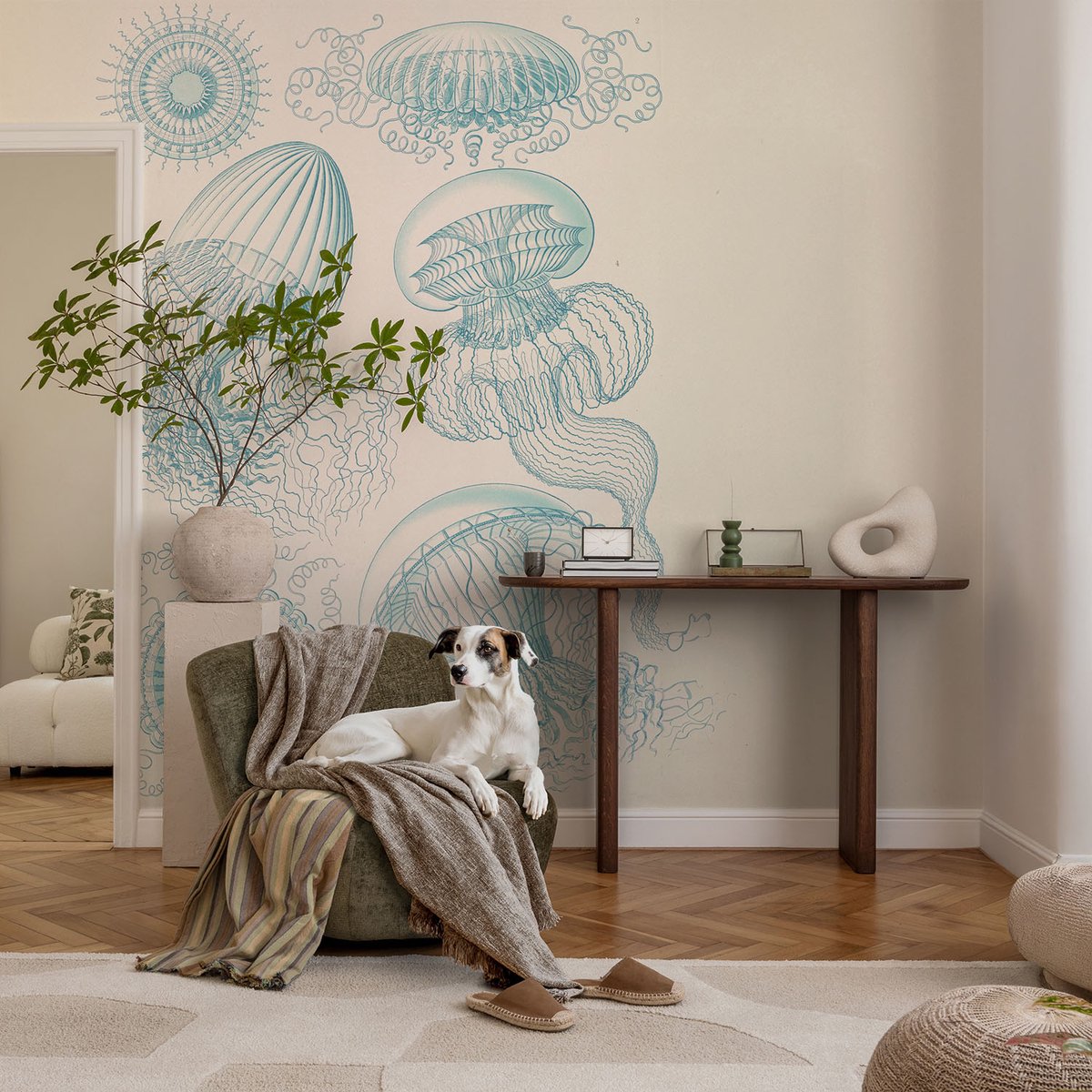Coloray Vliesbehang - Wit Snellijm Behang - 104x70 cm - Zeekwal Fotobehang Vlies - Hal behang Deel - Muurschildering - Woonkamer behang