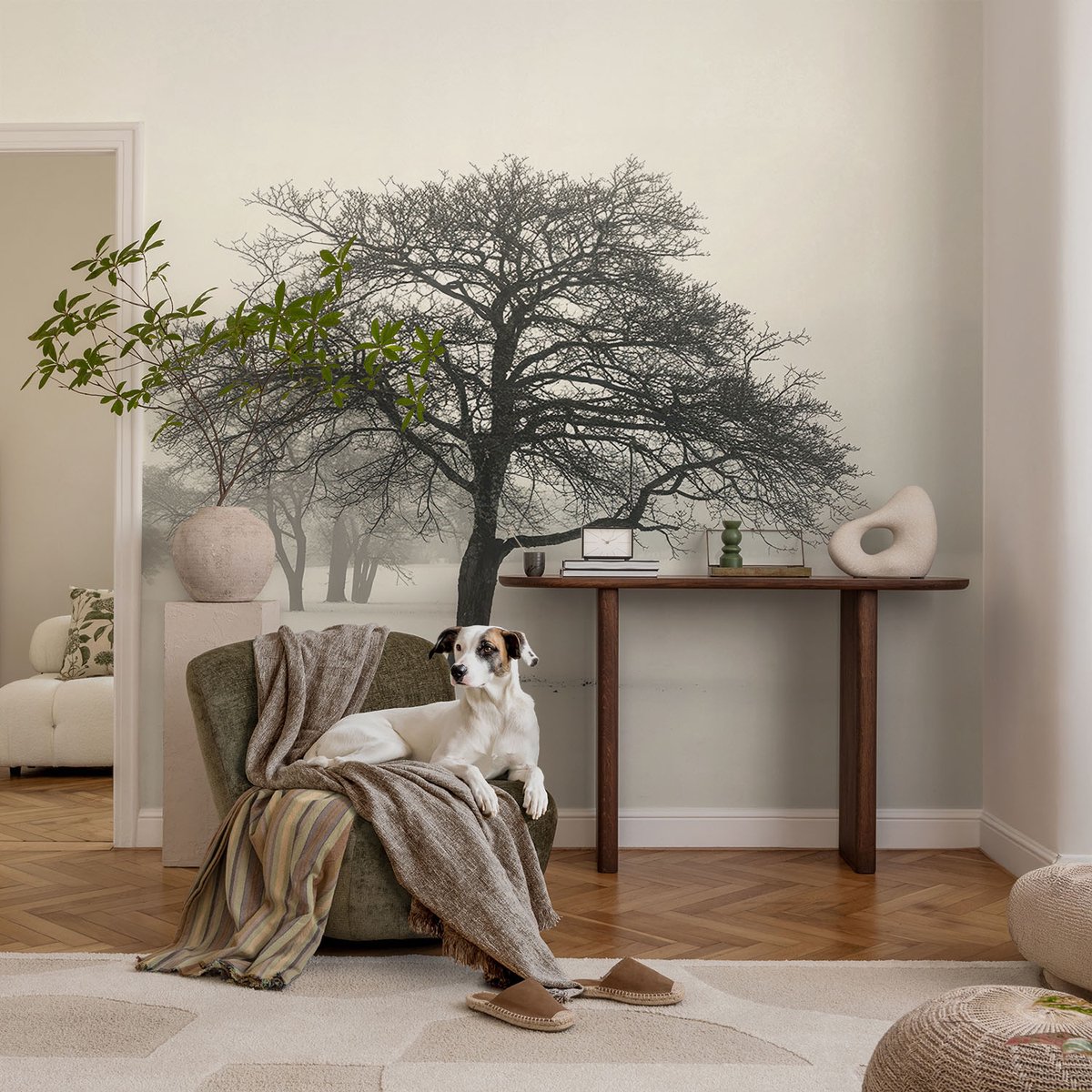Coloray Vliesbehang - Wit Snellijm Behang - 104x70 cm - Winterbomen Fotobehang Vlies - Hal behang Landschappen - Muurschildering - Woonkamer behang